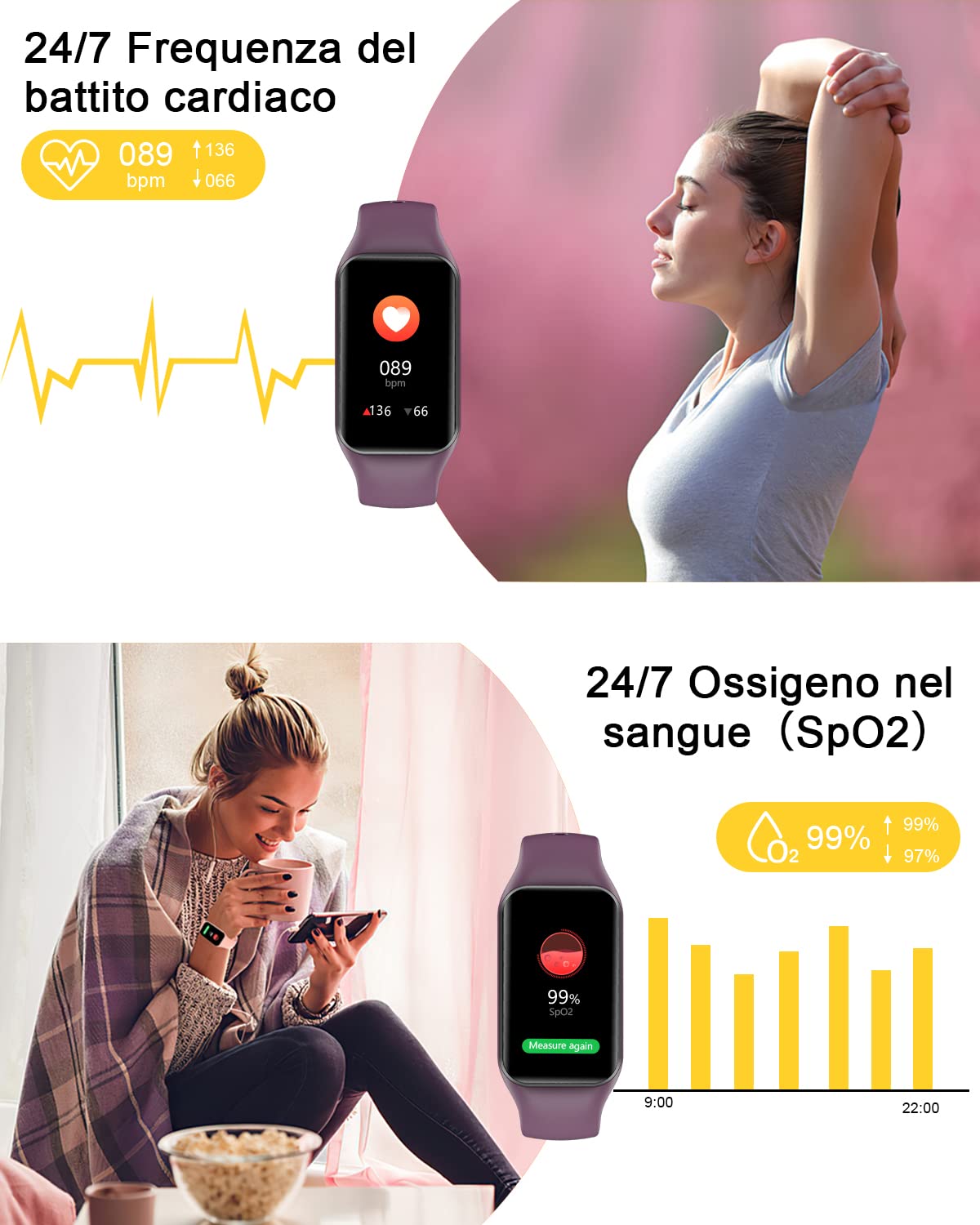 IOWODO R1 Smartwatch uomo donna con ossimetro (SpO2) Monitor Contapassi frequenza cardiaca Sonno Pedometro,Smart Watch donna uomo con notifica messaggi,IP68 impermeabile per Android iOS (2 cinturini)