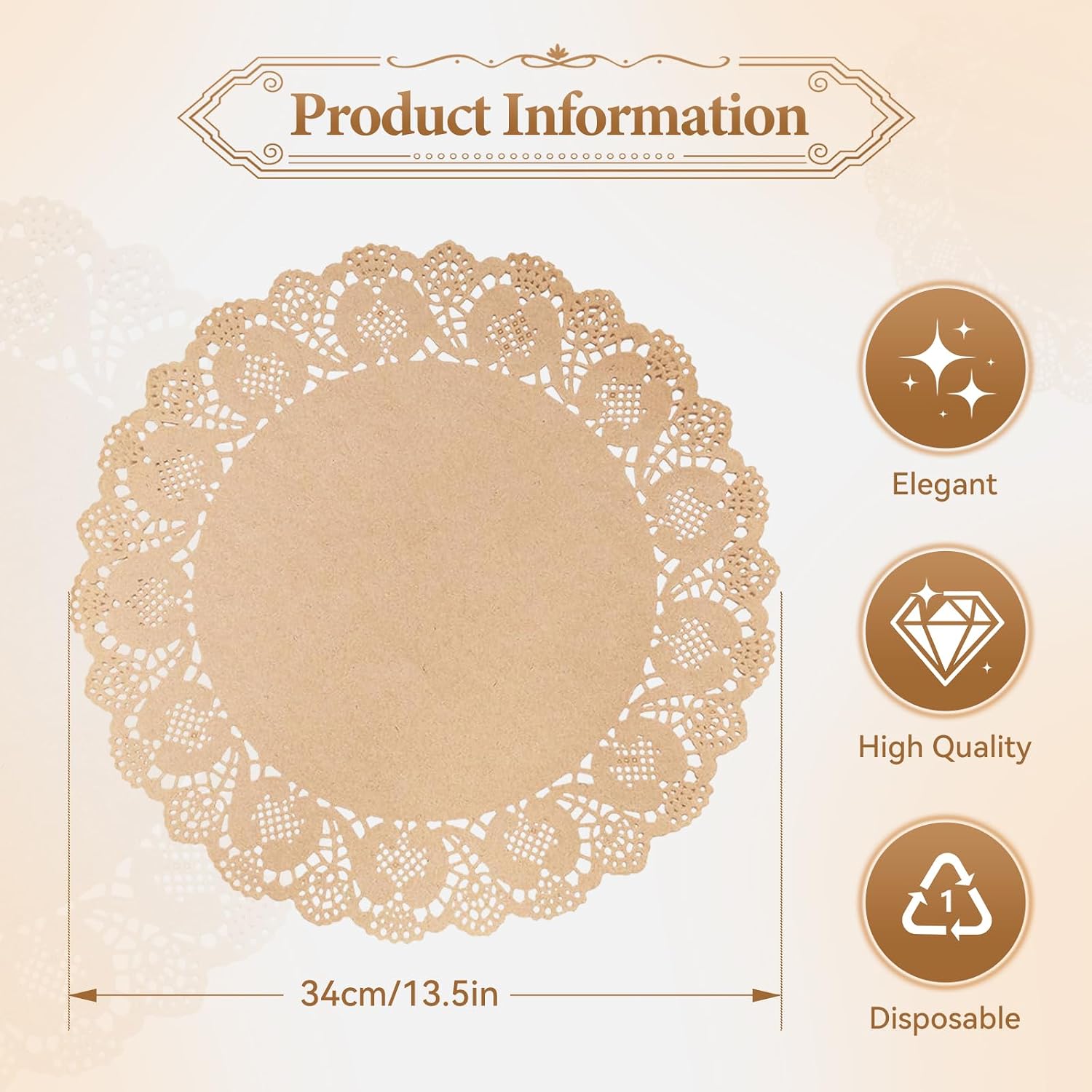 100 Pcs Brown Lace Paper Doilies, 13.5 Inches Lace Papers Doilies, Disposable Decorative Place Mats, Eco-Friendly for Food Cakes Dessert Dining Table Weddings Birthday Party image 2