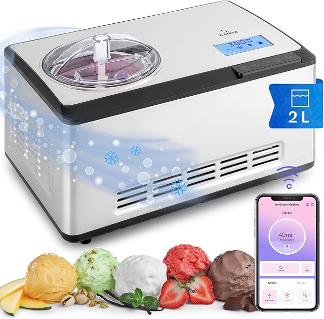 Klarstein Smart Ice Cream Maker Machine For Home, Soft Ice Cream Machine, 180W Froyo Frozen Yoghurt Maker with WiFi/App Control, Keep Cool Function, Compressor Cooling, Homemade Dessert, Gelato Sorbet