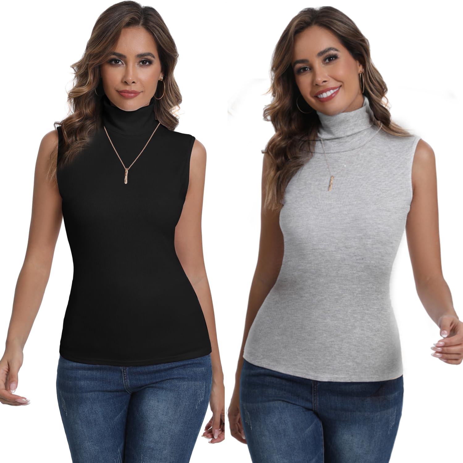 Damen Rolli Shirt Ohne Arm Elegant Rollkragenpullover Geripp