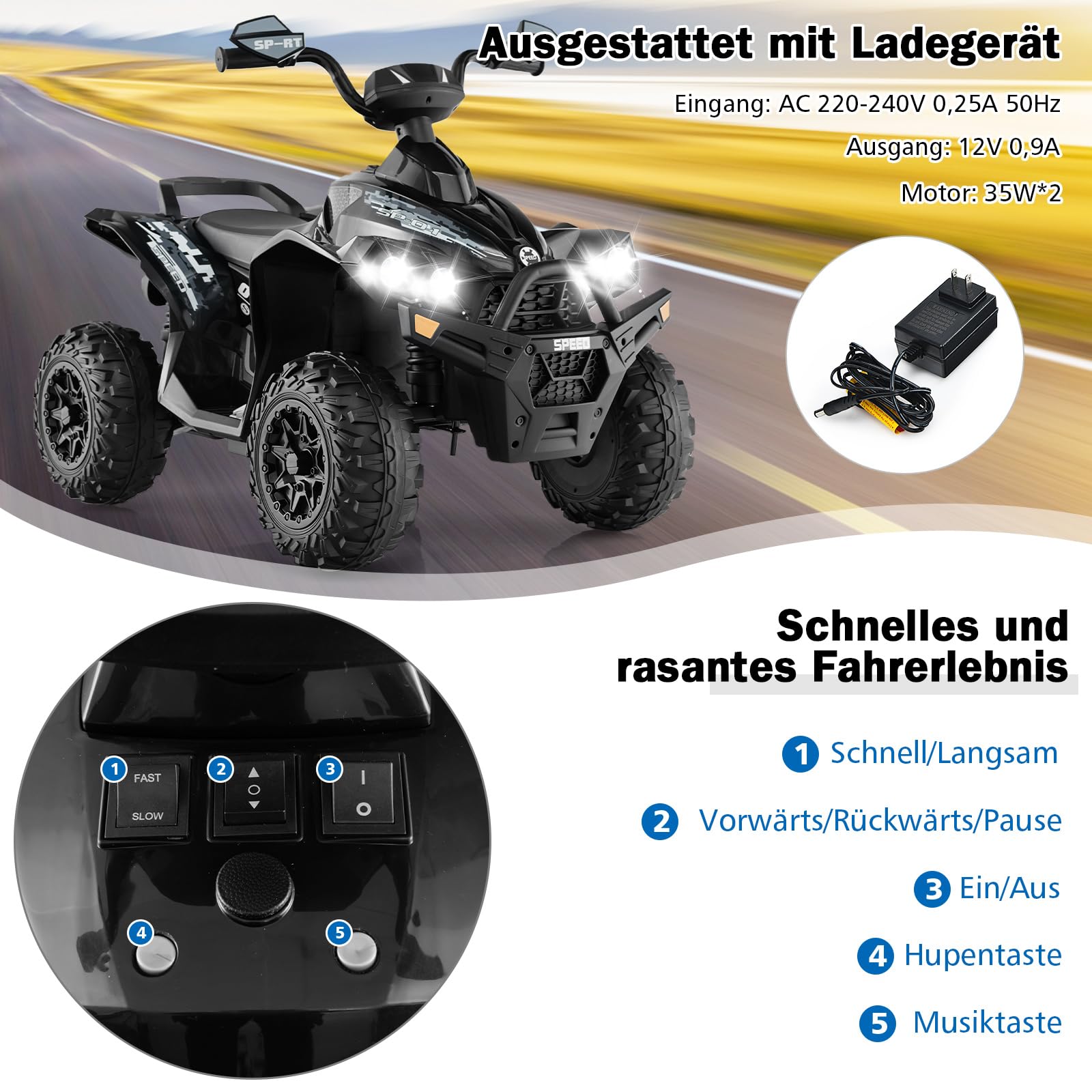 COSTWAY 12V elektryczne quad dla dzieci, elektryczny quad z muzyką, klaksonem i reflektorem LED, quad dla dzieci 2,2-4,3 km/h, elektryczny samochód dla dzieci od 3 lat (czarny)