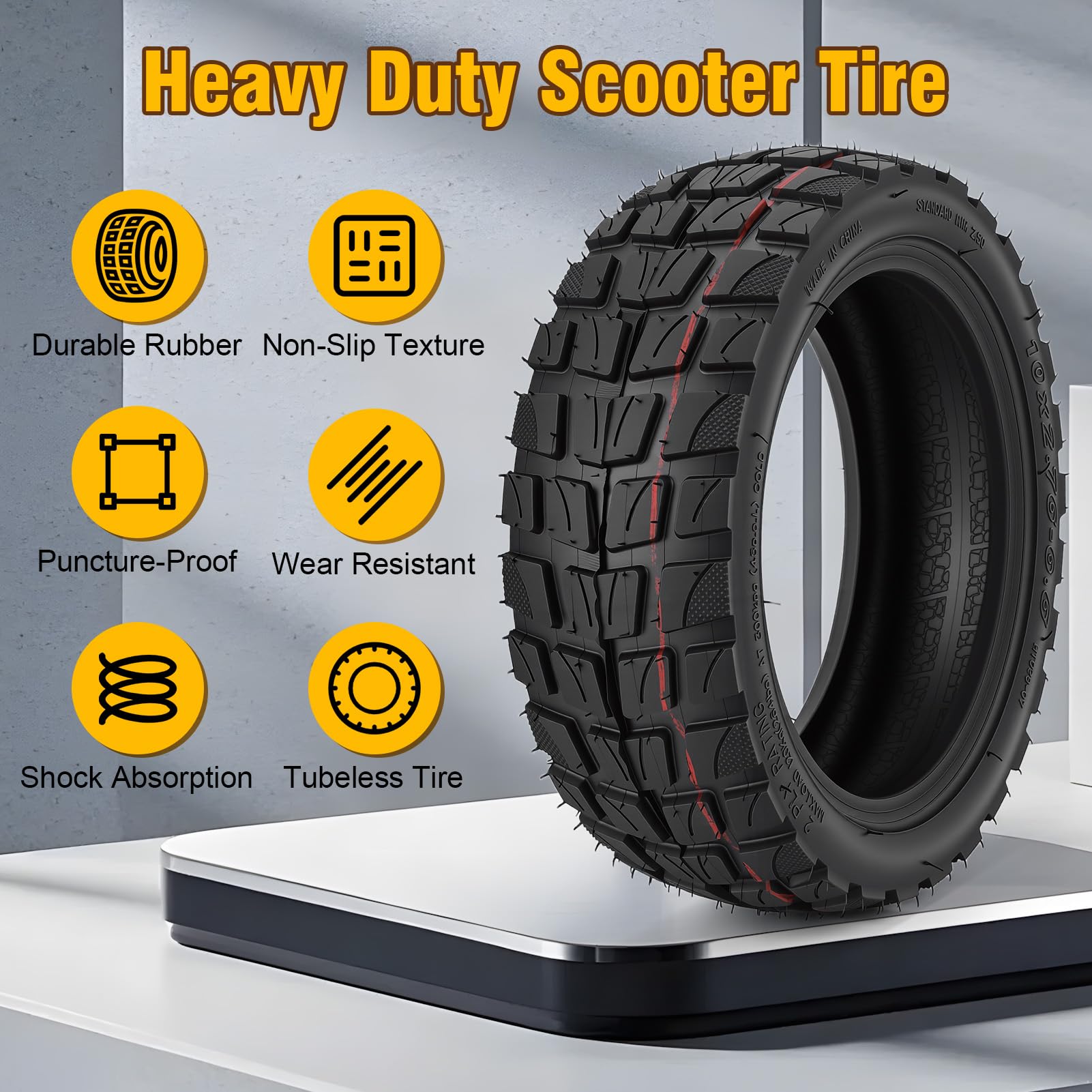 Pneumatico da vuoto 10x2.75-6.5 con valvola, 10 pollici pneumatico fuoristrada tubeless in gomma antiscivolo per scooter elettrico, adatto per strade innevate, sabbiose e ghiaiose