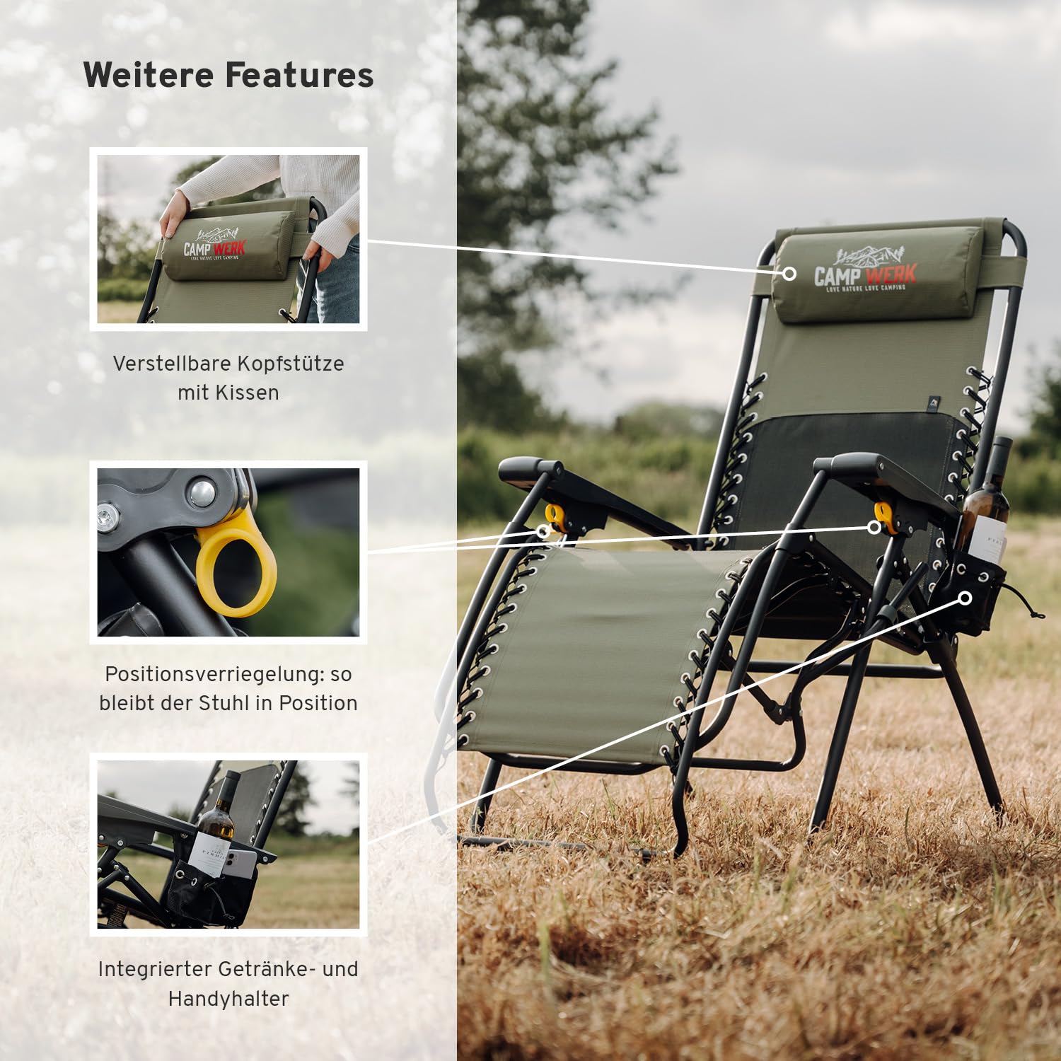 CAMPWERK Relax Campingstuhl, Outdoor Campingliege, Relax-Liege, Sonnenliege, Verstellbare Bein- und Rückenlehne, Mit Getränkehalter, Belastbarkeit bis 150kg, Klappbar, Grün