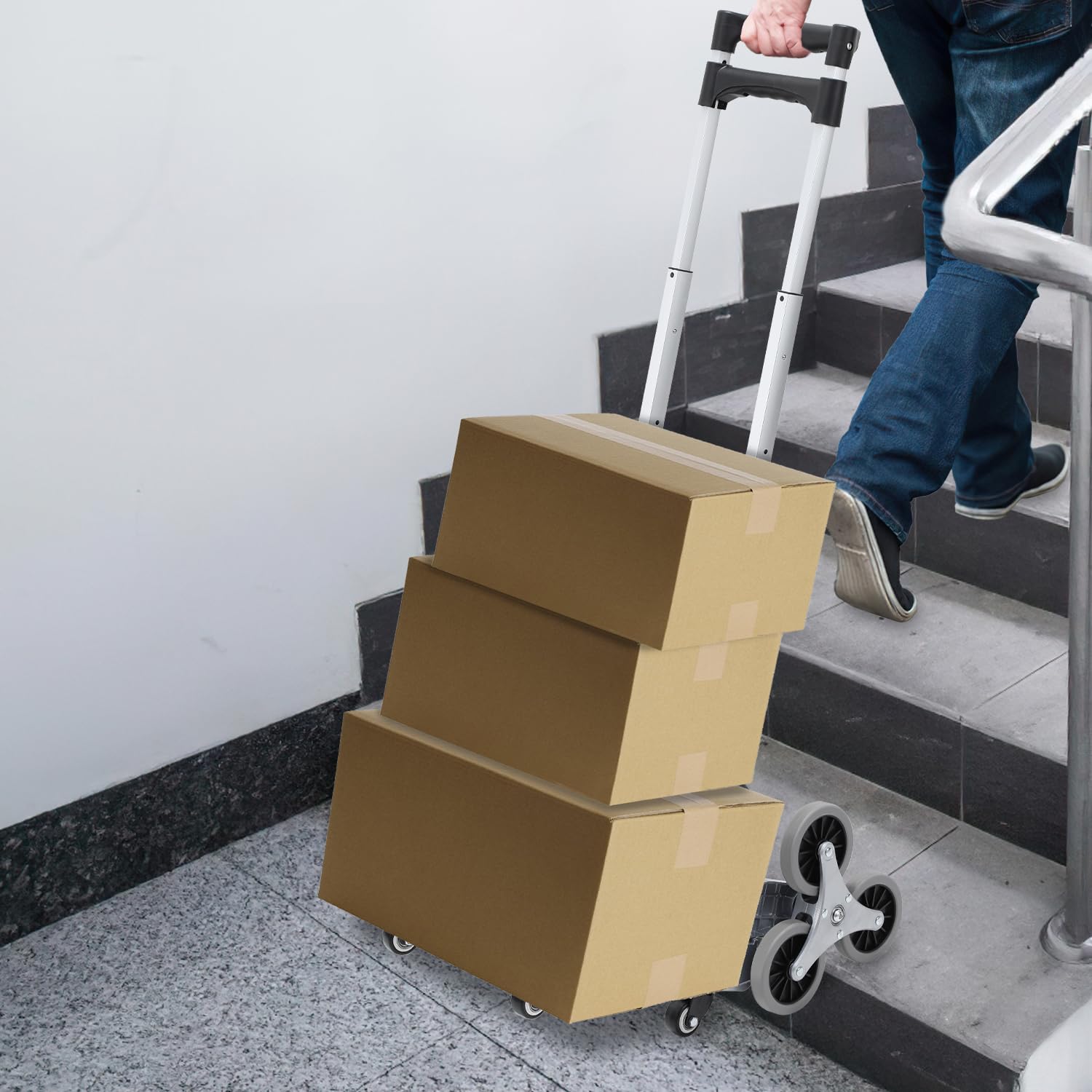 Daromigo Carrello pieghevole per scale, carrello per il trasporto, manico telescopico extra lungo, 100 cm, in alluminio con cuscinetti antiscivolo, battistrada morbidi