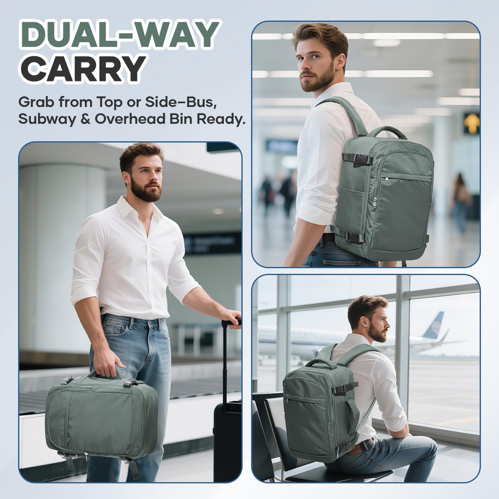 Zaino Sottovuoto Ryanair 40x20x25 Bagaglio a Mano con Pompa Sottovuoto, Zaino da Viaggio Aereo Impermeabile per Uomo Donna Borsa da Cabina Zaini Casual Valigia per Ufficio, Scuola e Lavoro -Verde
