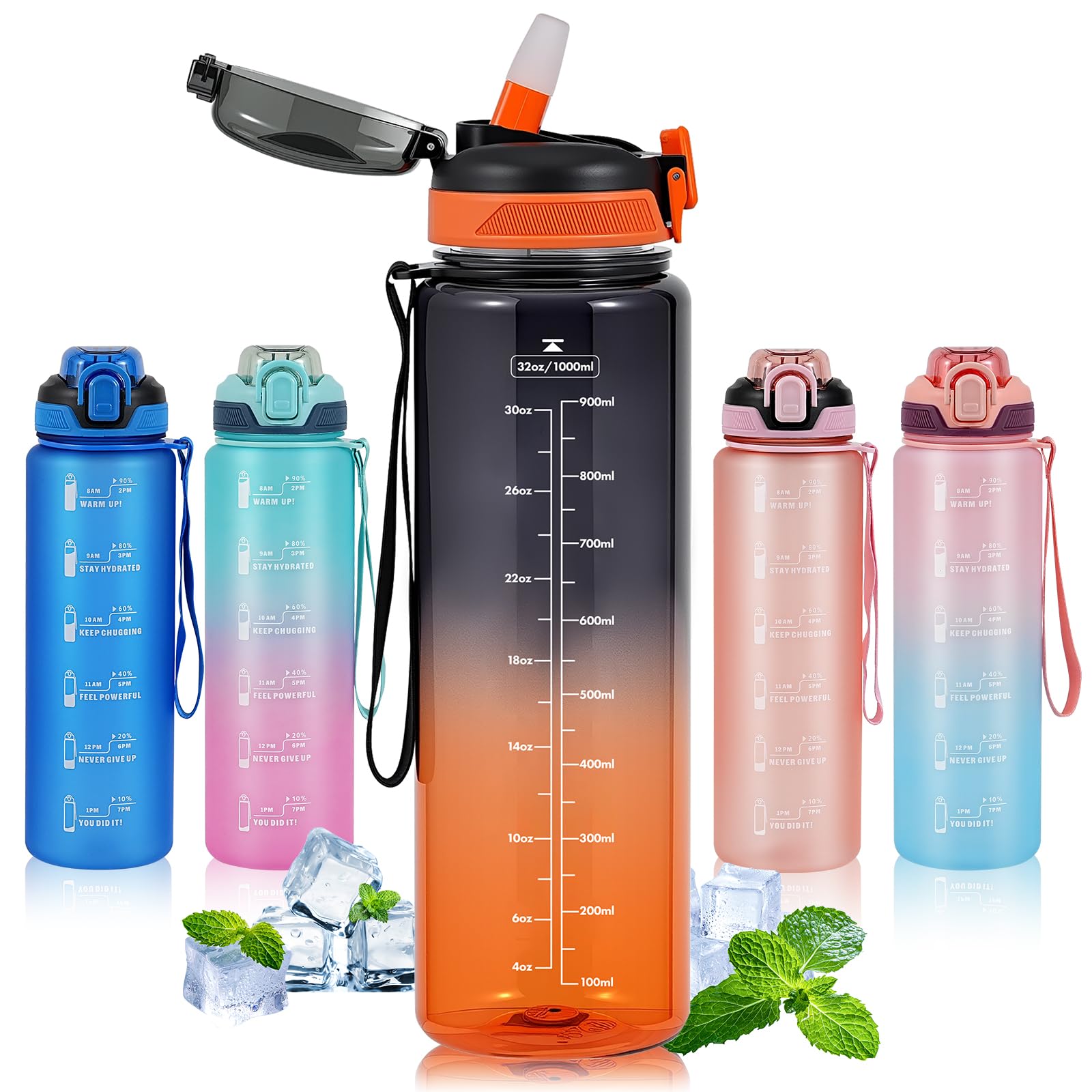 SEASEVEN 1L Water Bottle with Straw,Plastic Drinks Bottle,1 Litre Sports Water Bottles with Time Markings,Girls Boys Waterbottle Leak-Proof & Bpa-Free for Gym,Cycling, Office (Black-Orange) — image 1