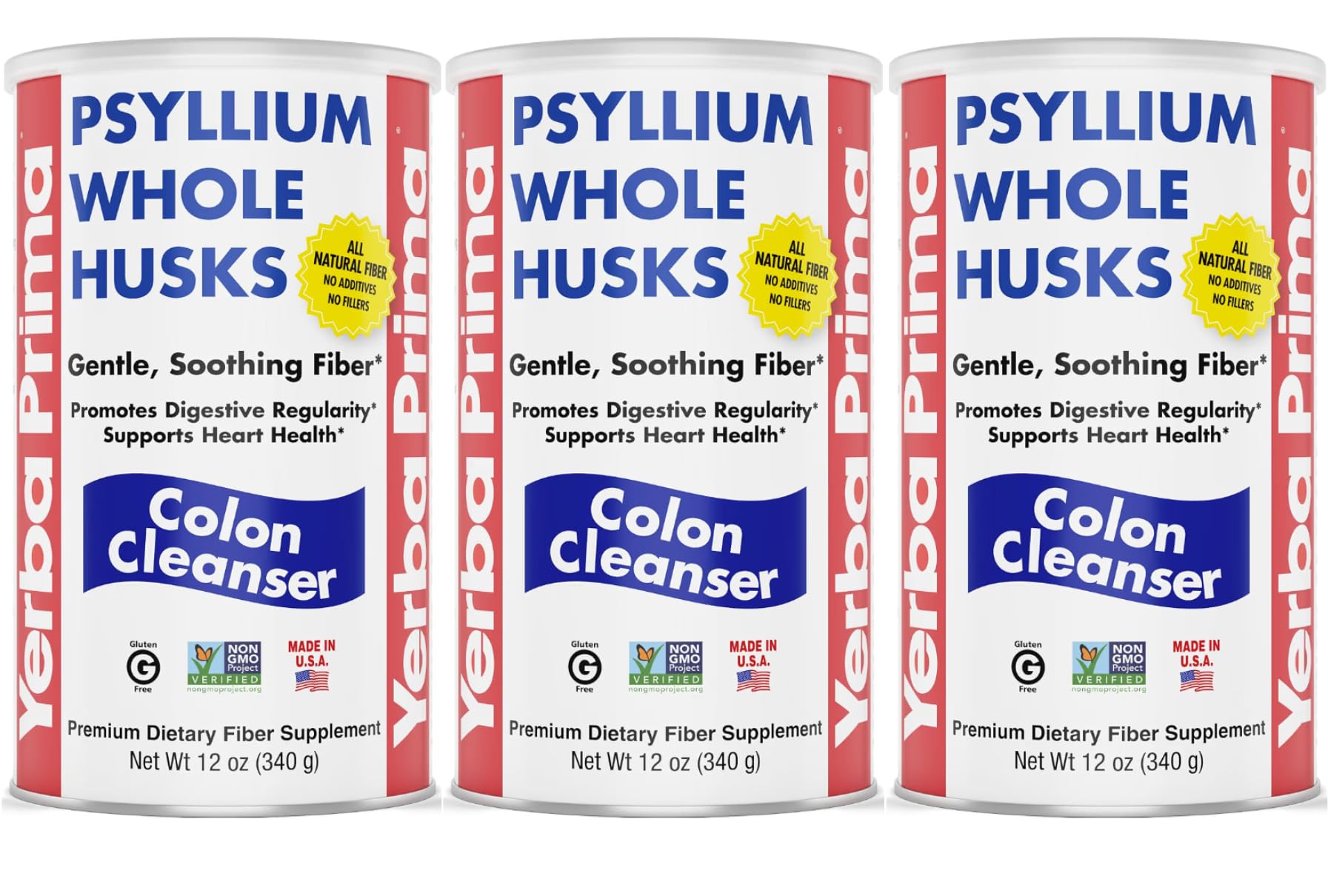 Yerba Prima Psyllium Husk, 12 Ounce (Pack of 3) - Whole Husk Fiber Supplement for Regularity, Colon Cleansing, Natural Support for Gut Health, Non GMO, Gluten Free, Vegan, No Sweeteners