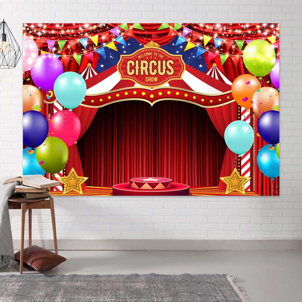 3,4 x 2,4 m sfondo rosso circo banner benvenuto al carnevale fondali fotografia circo tema bambini compleanno palloncino ritratto torta tavolo Decor Photo Booth puntelli studio fotografico sfondi foto