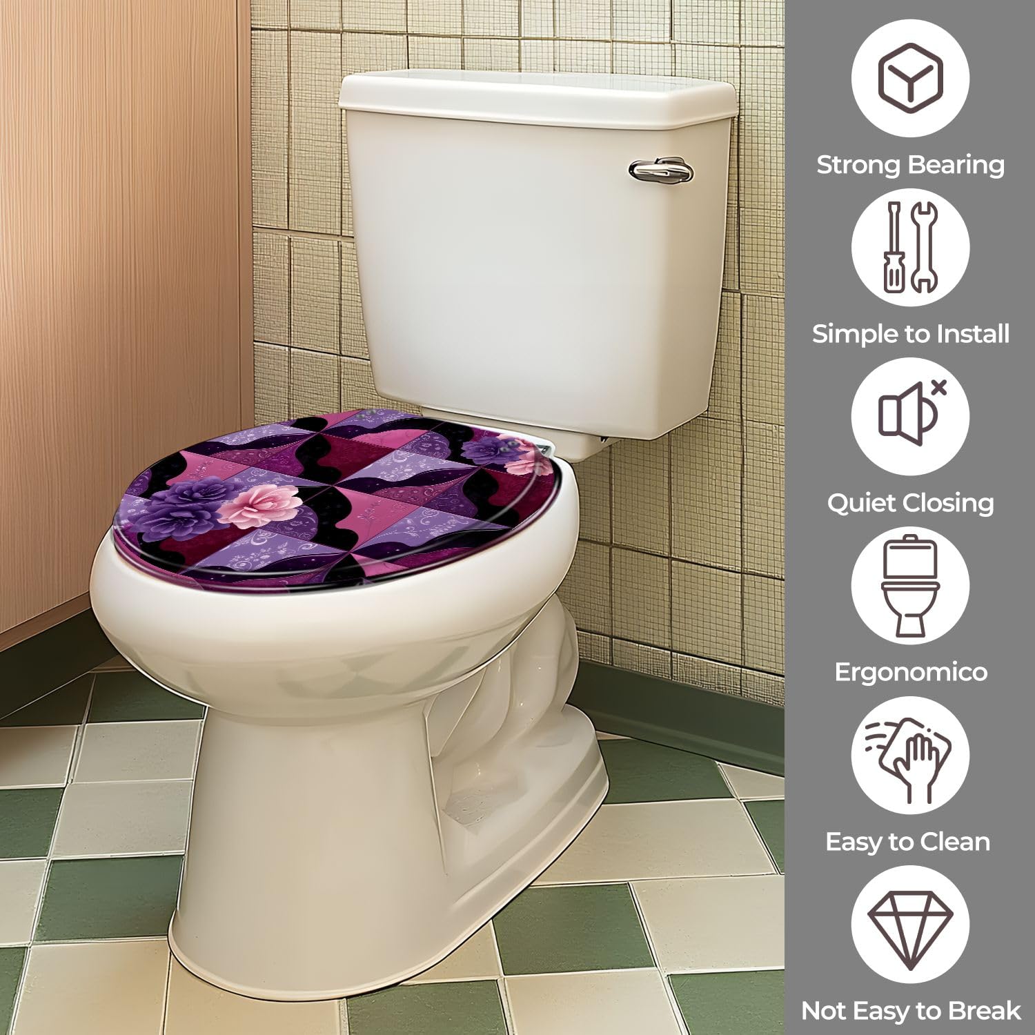 Asiento de inodoro decorativo de resina, con cierre suave y liberación rápida para baño.