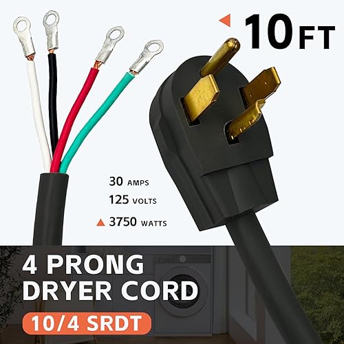 Miniatura 9 de GREATIDE Cable de secado de 4 puntas, 10 pies SRDT 104, cable de alimentación de extensión de electrodomésticos de 30 amperios, NEMA 14-30, gris