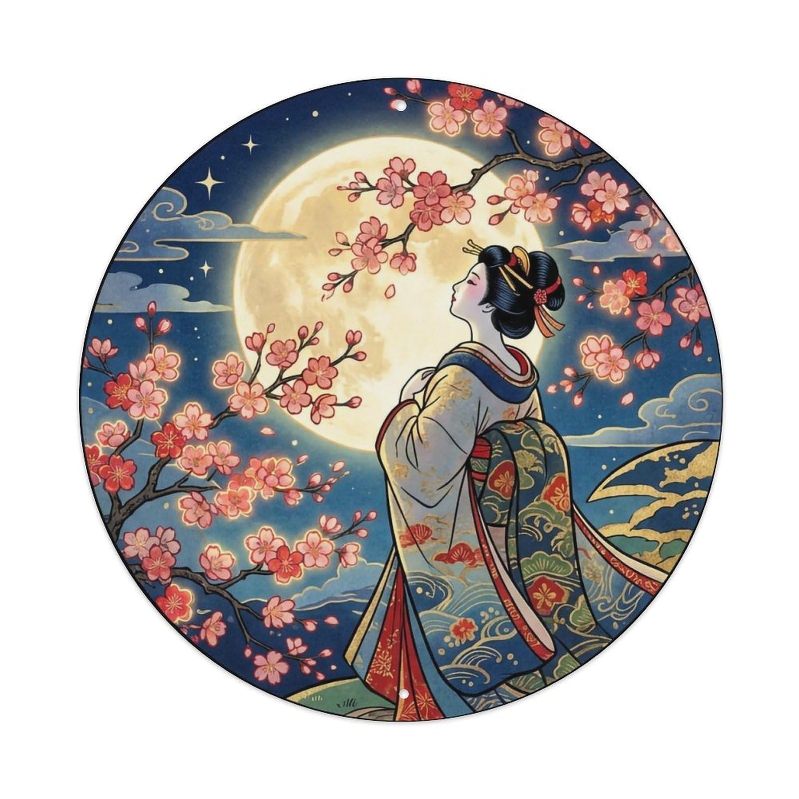 Yrnq 8X8inch Vintage Style Japanese Geisha Full Moon Cherry Blossoms Admiring Metal Tin Sign