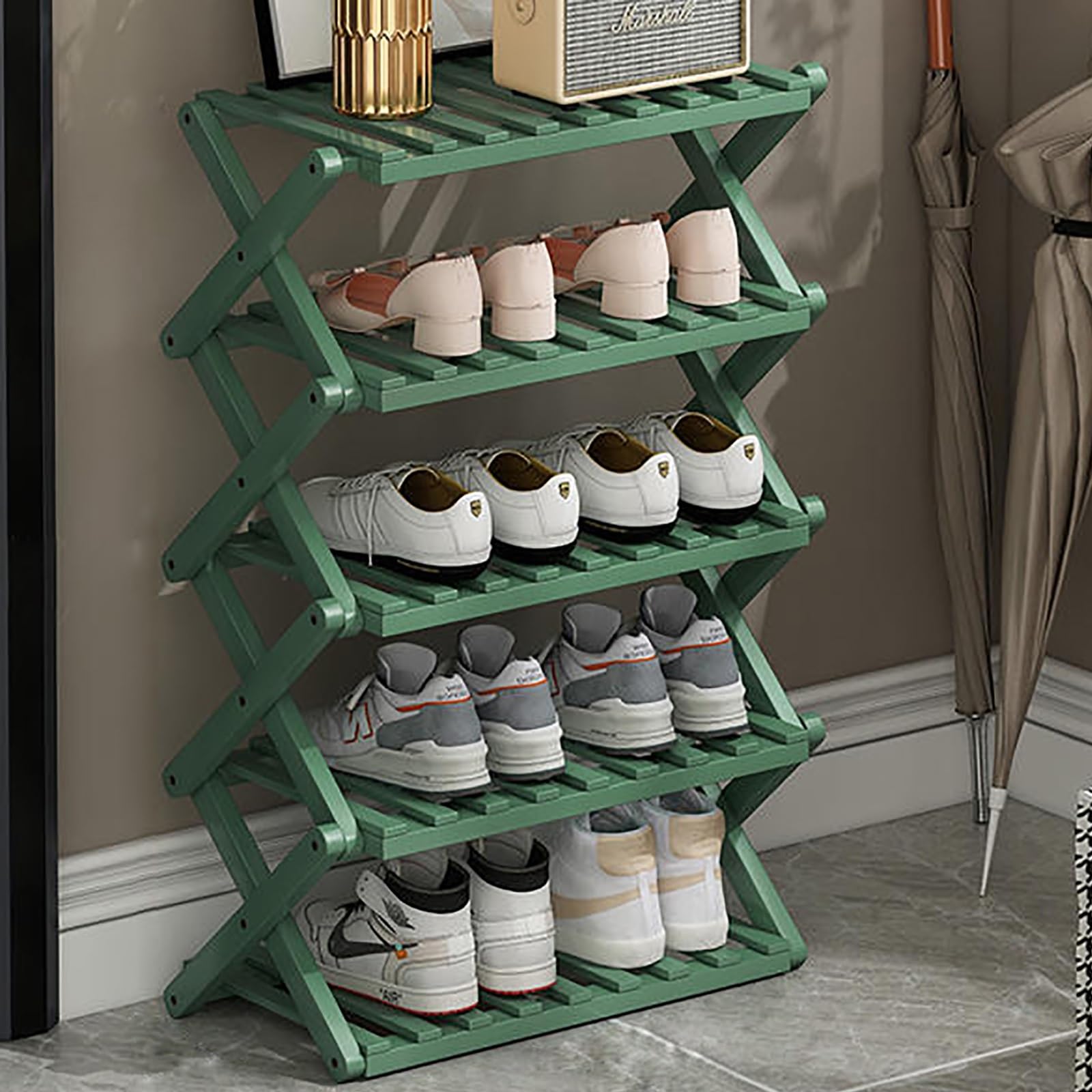 Scarpiera pieghevole in bambù a 5 ripiani, leggera e portatile, soluzione di archiviazione per interni ed esterni, ideale per campeggio e organizzazione domestica, verde, 50 cm