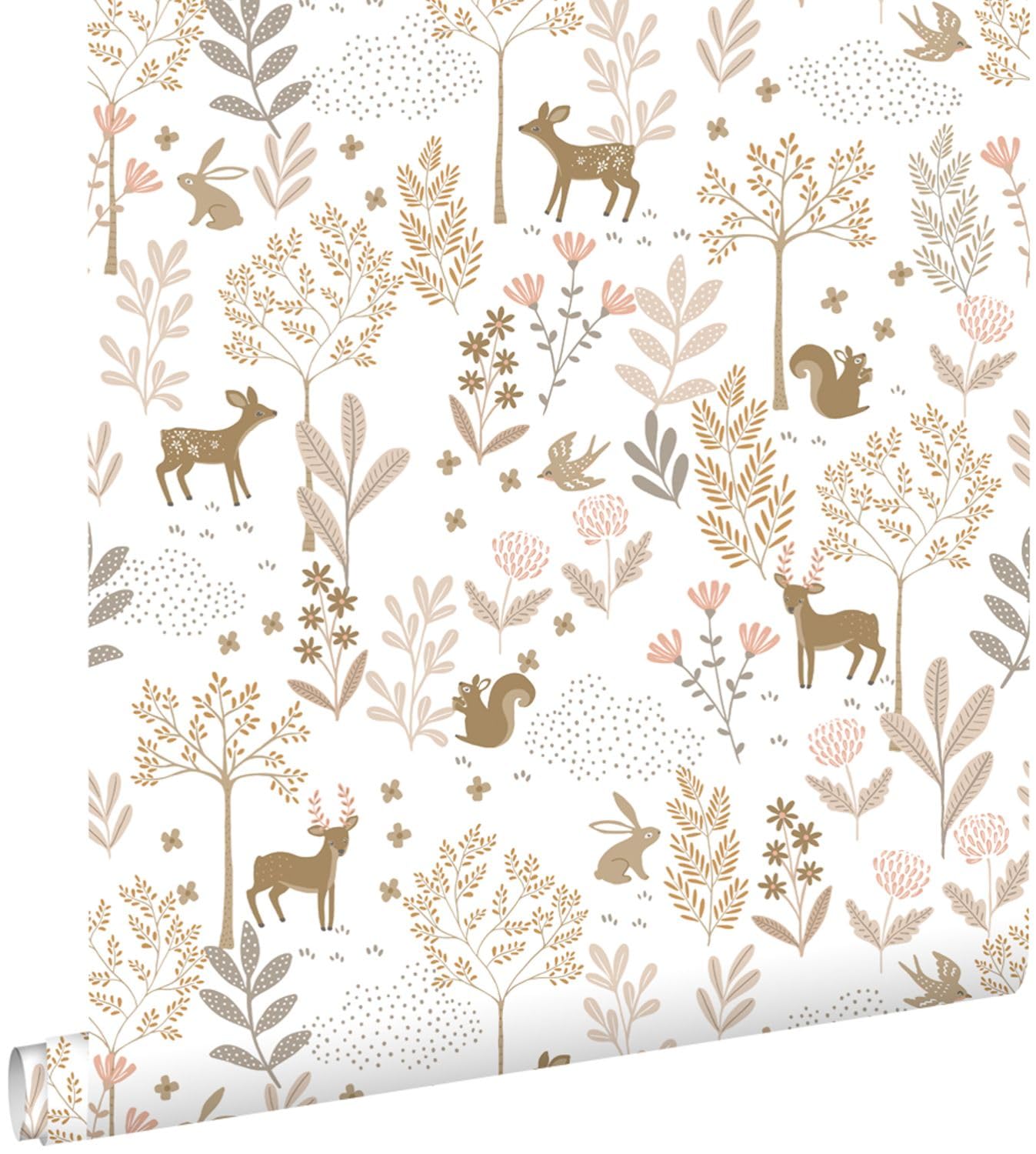 papier peint forêt avec des animaux de la forêt rose terracotta et beige 53 cm x 10.05 m - ESTAhome