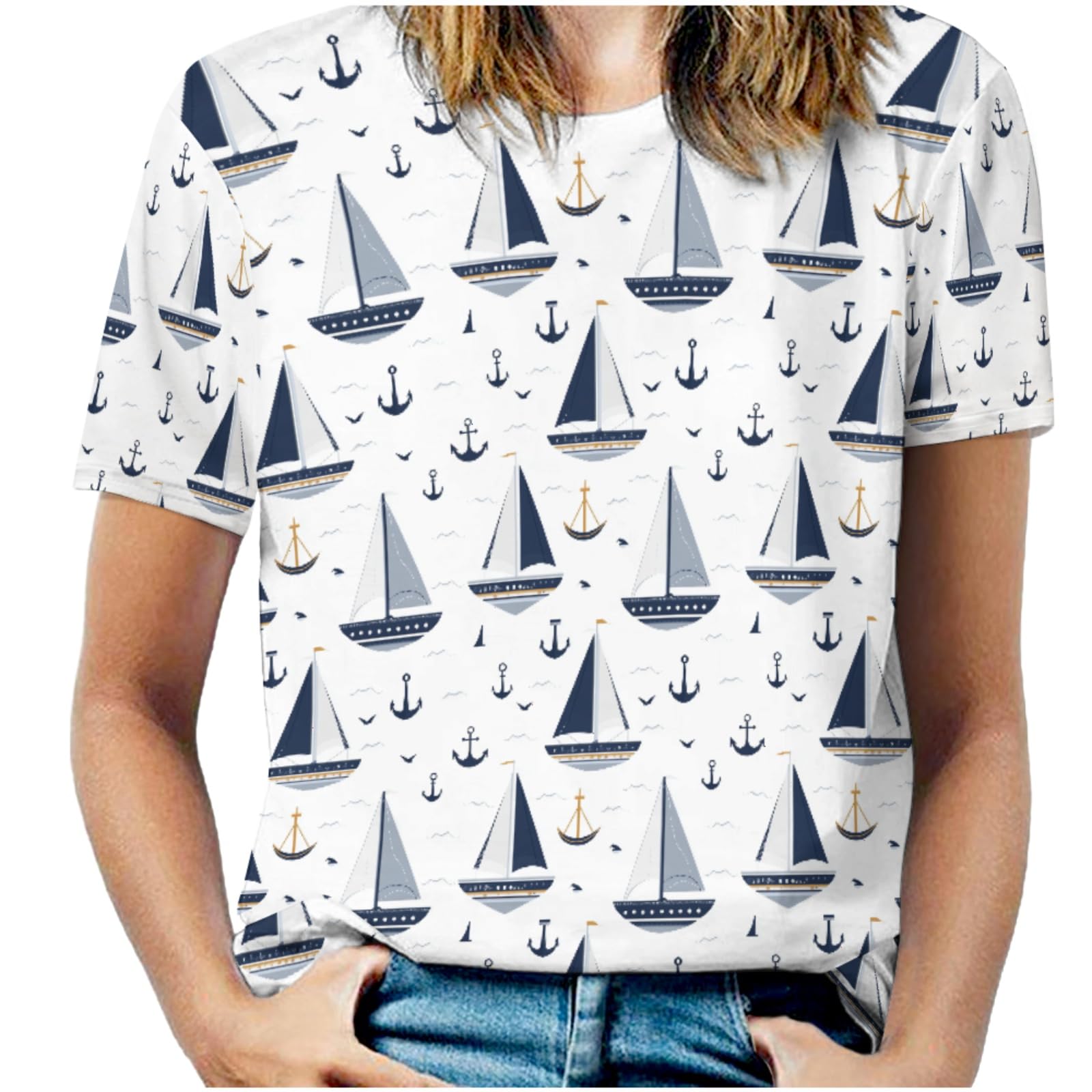 Nautical Life Women's T-Shirts Retro Boats Anchor Summer Tops Marine Sea Tees Navy Captain Blouses for Girls