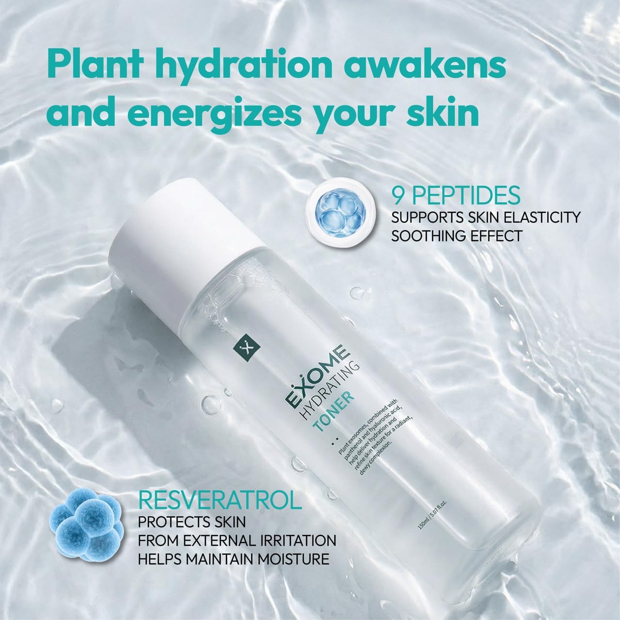 Exome Hydrating Toner, Greenery Aqua Base Starter for Glow Skin, Resveratrol Protective Barrier & 9-Peptide Complex for Elasticity & Wrinkle Care, Fast Absorbing Skin Prep, 5.07 fl oz (150ml)