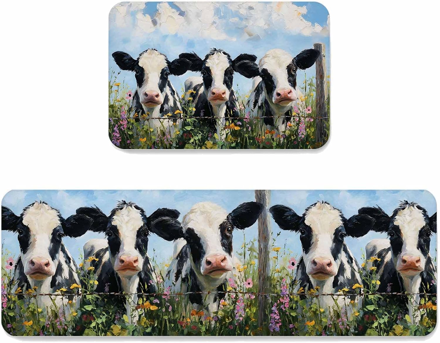 Prime Leader Farmhouse Cow Kitchen Mat Set 2 Pieces Oil Painting Texture Flower Rustic Farm Animals Non Slip Kitchen Rugs Washable Runner Rug Mats for Sink Laundry (15.7" x 23.6"+15.7" x 47.2")