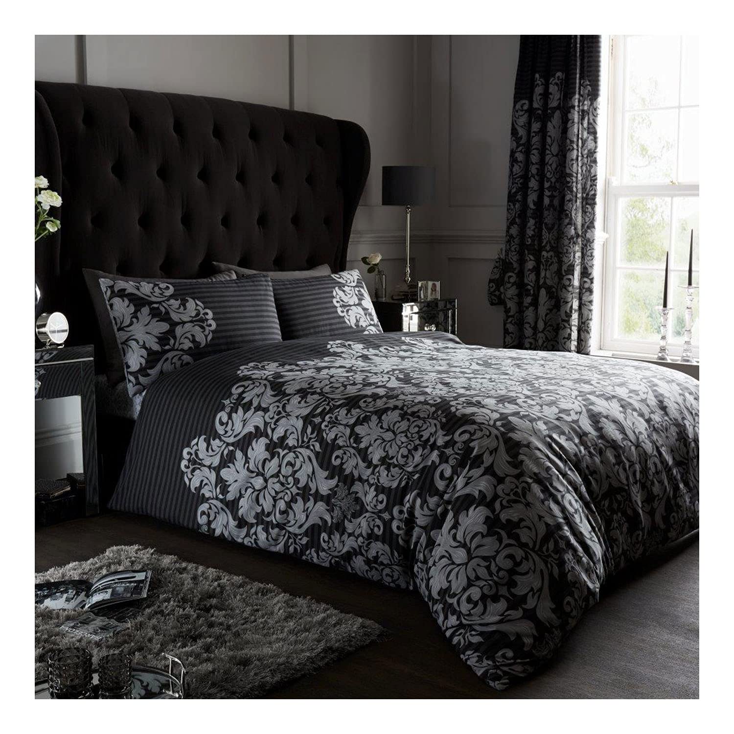 Fairwayuk Black Empire Damask Bedding Set - Double Bed Duvet Sets With Matching Pillowcase, Ultra Soft Poly Cotton Quilt Covers, Reversible Button Closure, 200X200cm