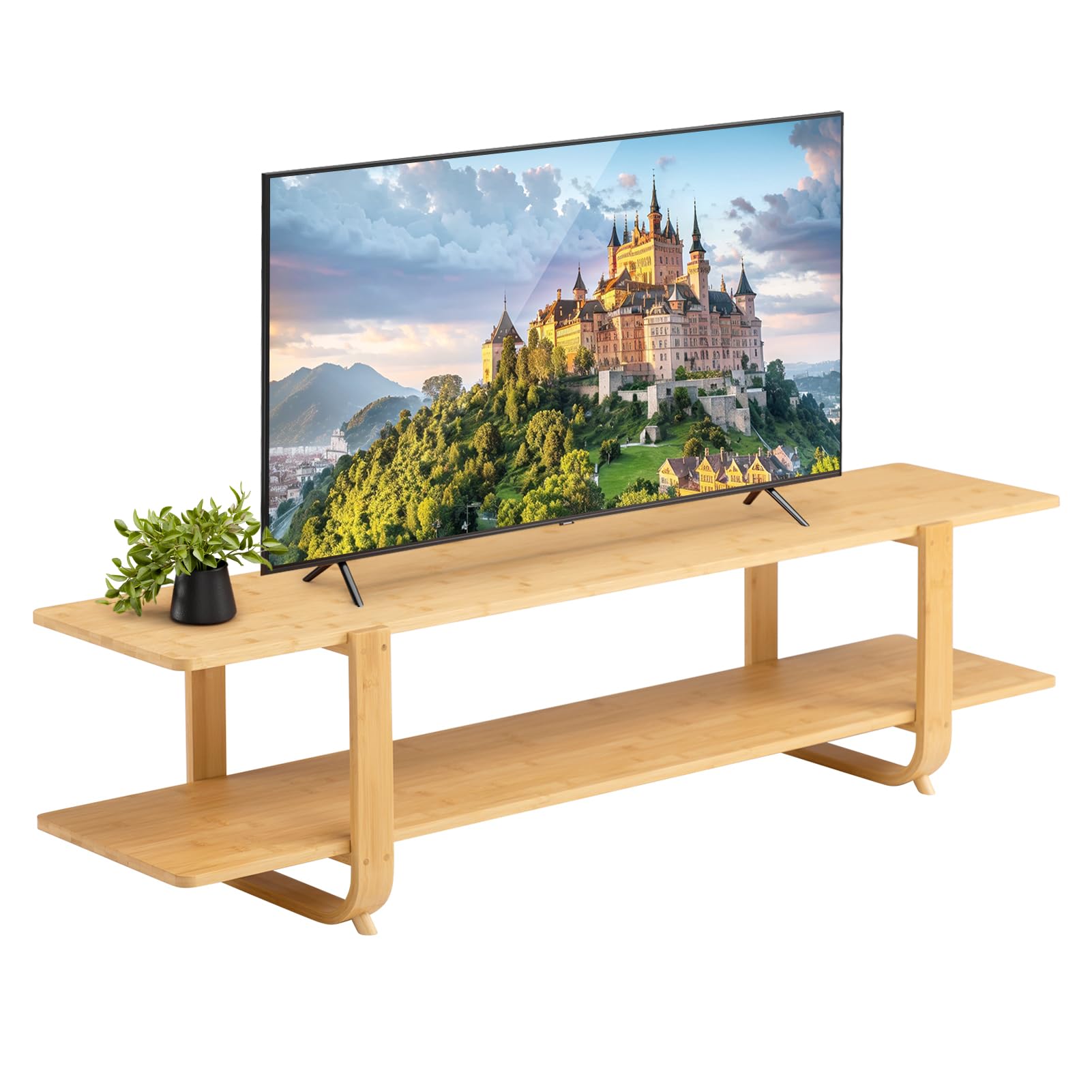 Low TV Table TV Bench 140cm Small TV Cabinet 2-Tier Narrow TV Stand Cabinet Bamboo TV Unit for Living Room Bedroom, Natural