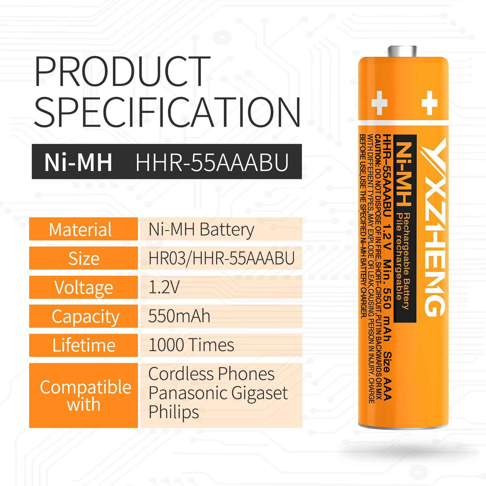HHR-55AAABU AAA 1.2v Battery for Panasonic Cordless Wireless Phone Telephone Handset DECT 6.0 550mAh Rechargeable NI-MH (4) - 5