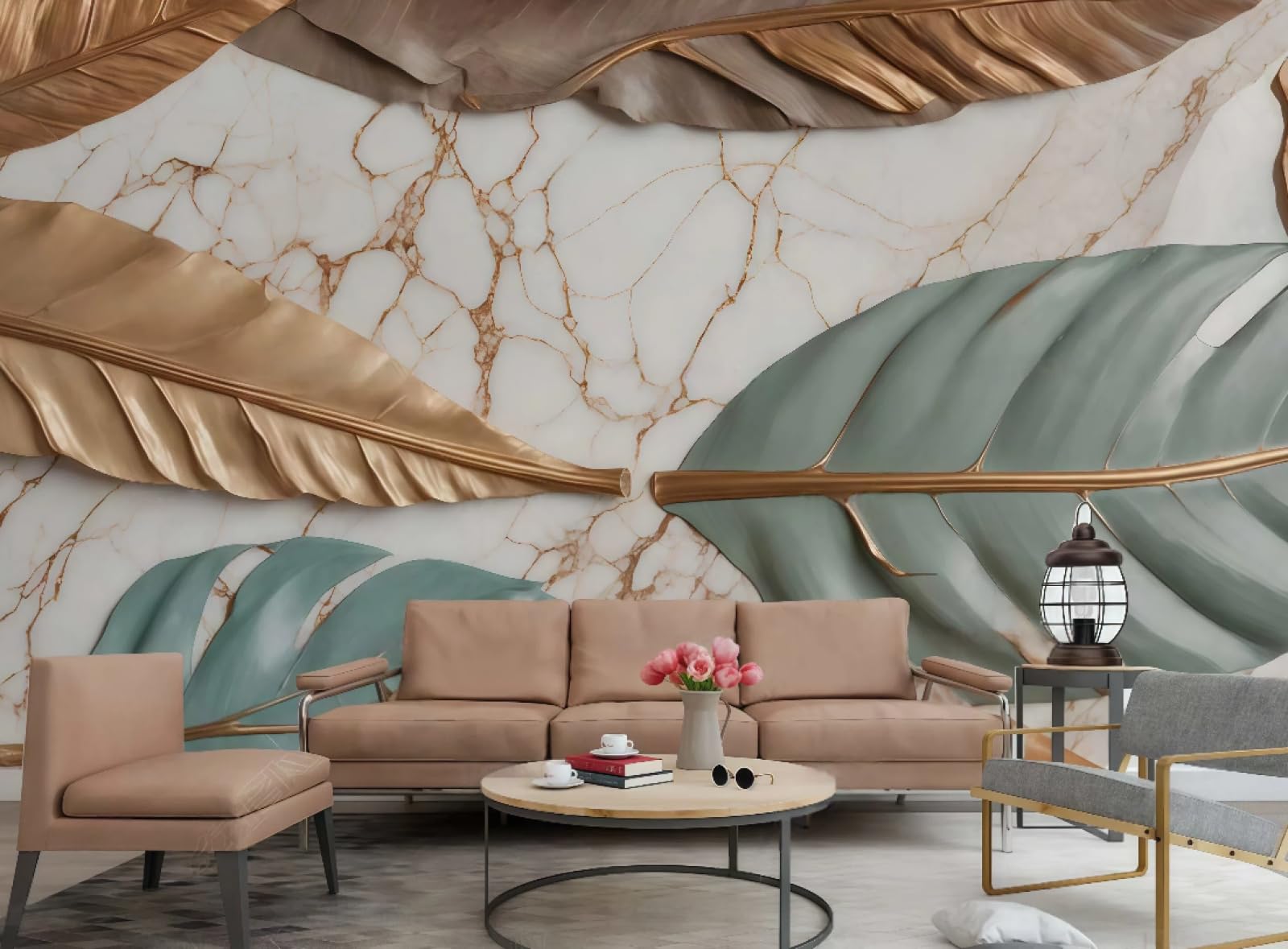 Tapeta nowoczesna trójwymiarowa kawa zielone liście łupek łączenie brązowy marmurowy wzór TV sofa tło ściana sypialnia salon gabinet mural, 3D, 150 x 105 cm