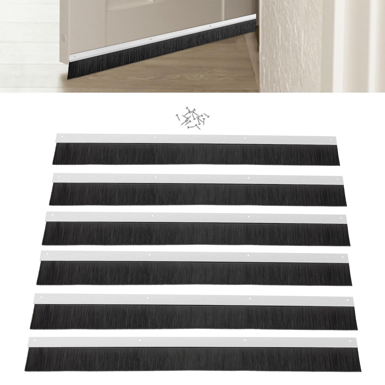 CNCEST Door Brush Seal Strips, 6 Pcs Aluminum Alloy Durable Door Brush Sweep Seal Sliding Door Brush Seal Strip Weather Stripping Easy Mounting