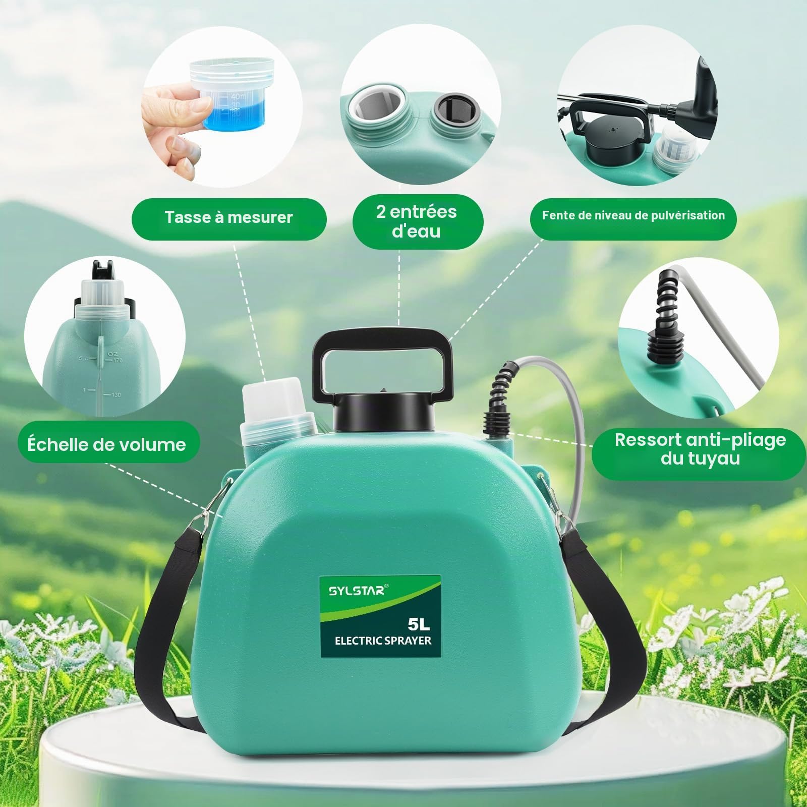 SYLSTAR Pulverisateur Electrique 5L, 7.4V Puissant Pulverisateur de Jardin avec 4 Jet Réglable, 3 Vitesses Pulvérisateur à Batterie Rechargeable avec Canne Telescopique pour Arrosage Désherbage (Vert)