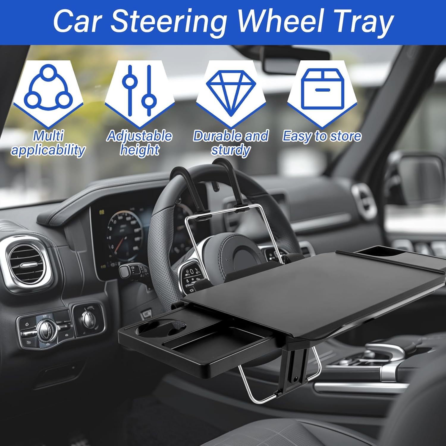 Steering Wheel Tray Foldable Car Steering Wheel Desk with Nonslip Slots Portable Back Seat Headrest Tray Multifunctional Steering Wheel Table for Laptop Work Eating Studying(black)