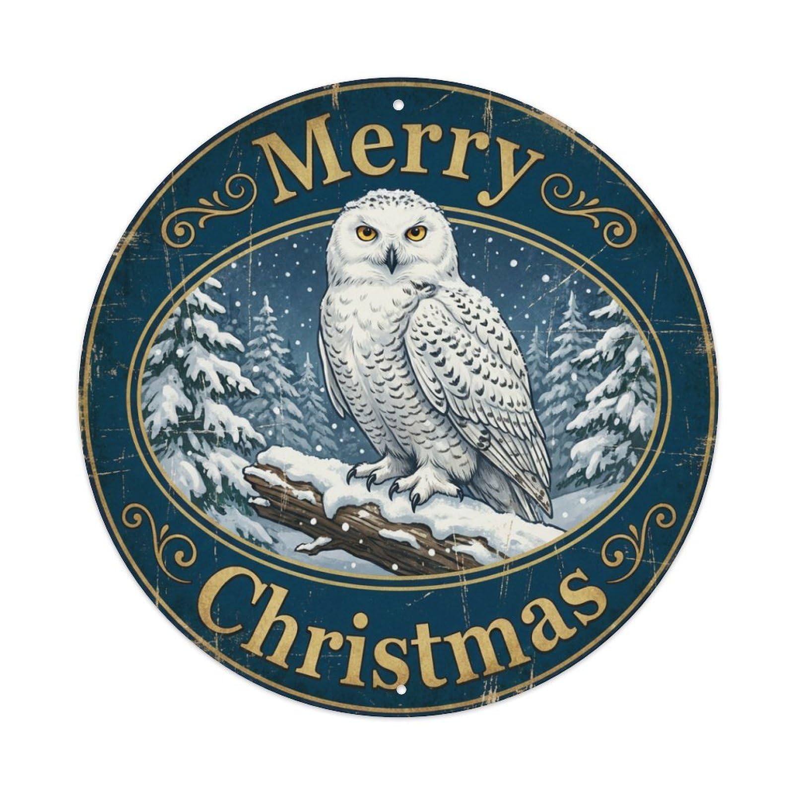 Merry Christmas Snowy Owl Perched Metal Tin Sign