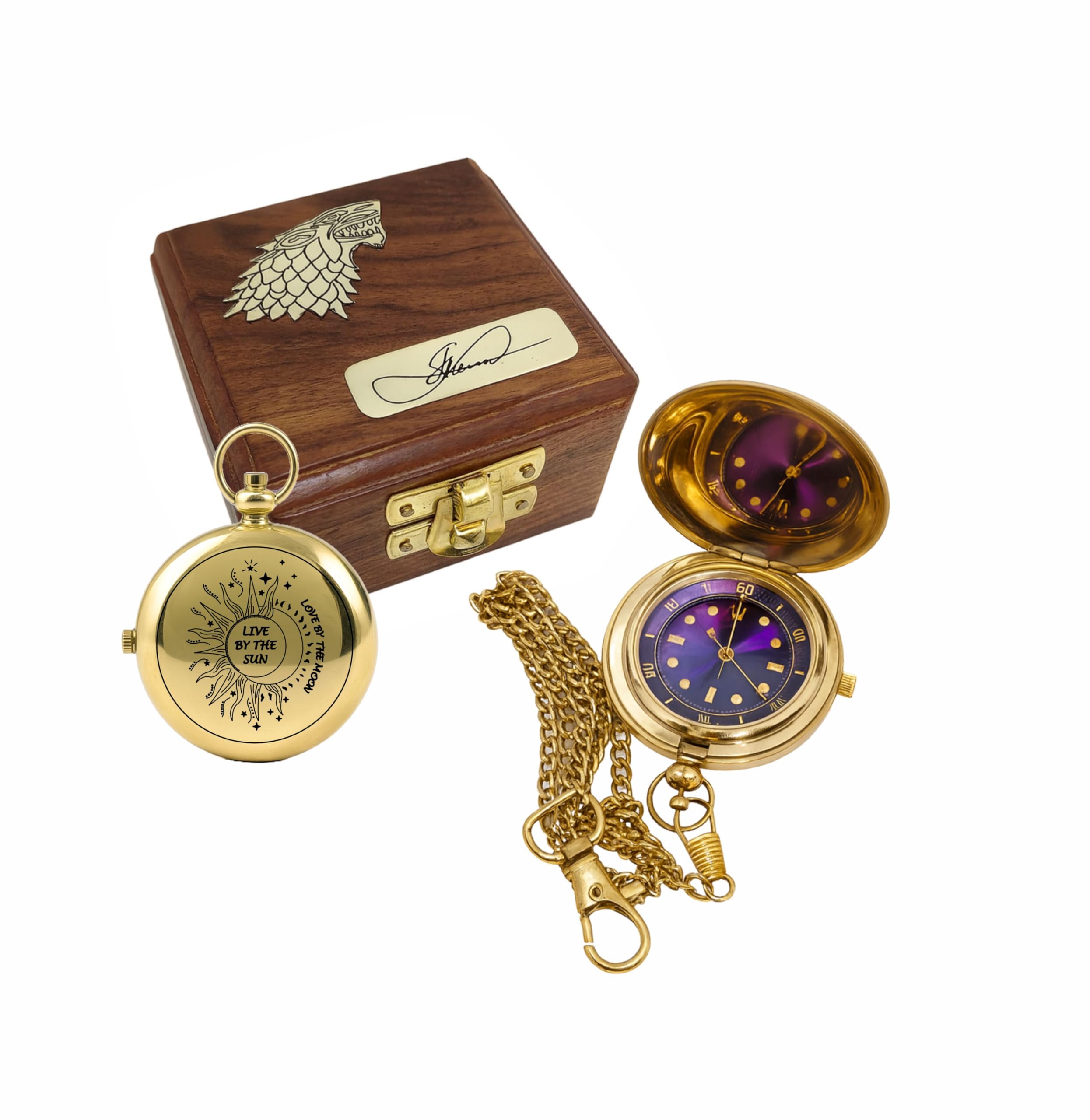 M.A & SONS Brass Personalized Pocket Watch with Chain & Custom Wooden Box | Engraved Vintage Push Button Watch Gift for Husband, Dad, Groomsmen, Anniversary, Men & Women