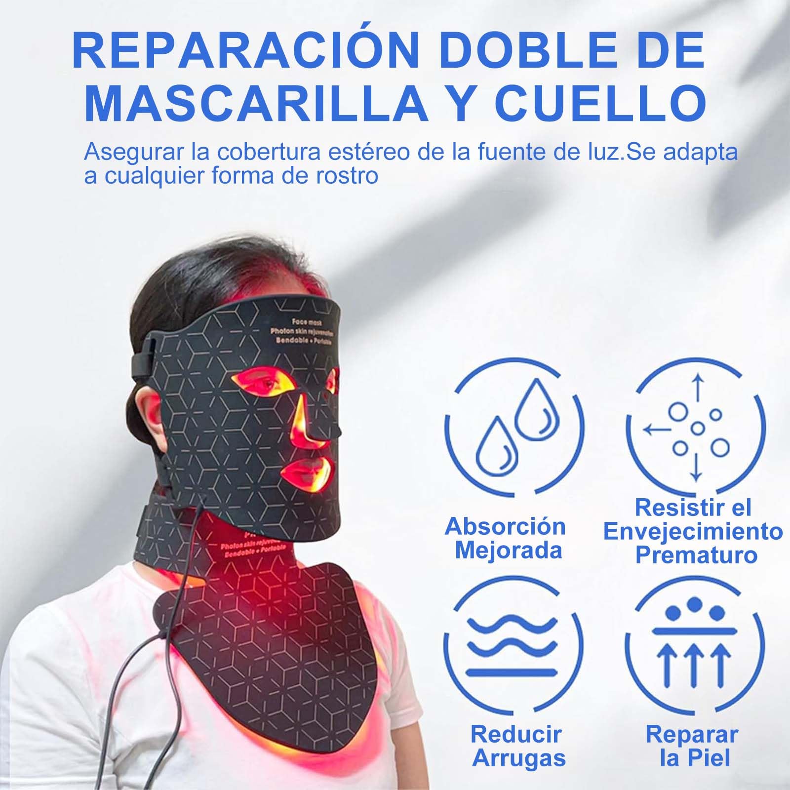 Máscara facial de rejuvenecimiento de fotones para fototerapia, instrumento infrarrojo cercano, espectro LED, máscara facial para el cuello, belleza, hogar, conveniente, suaviza las arrugas finas,