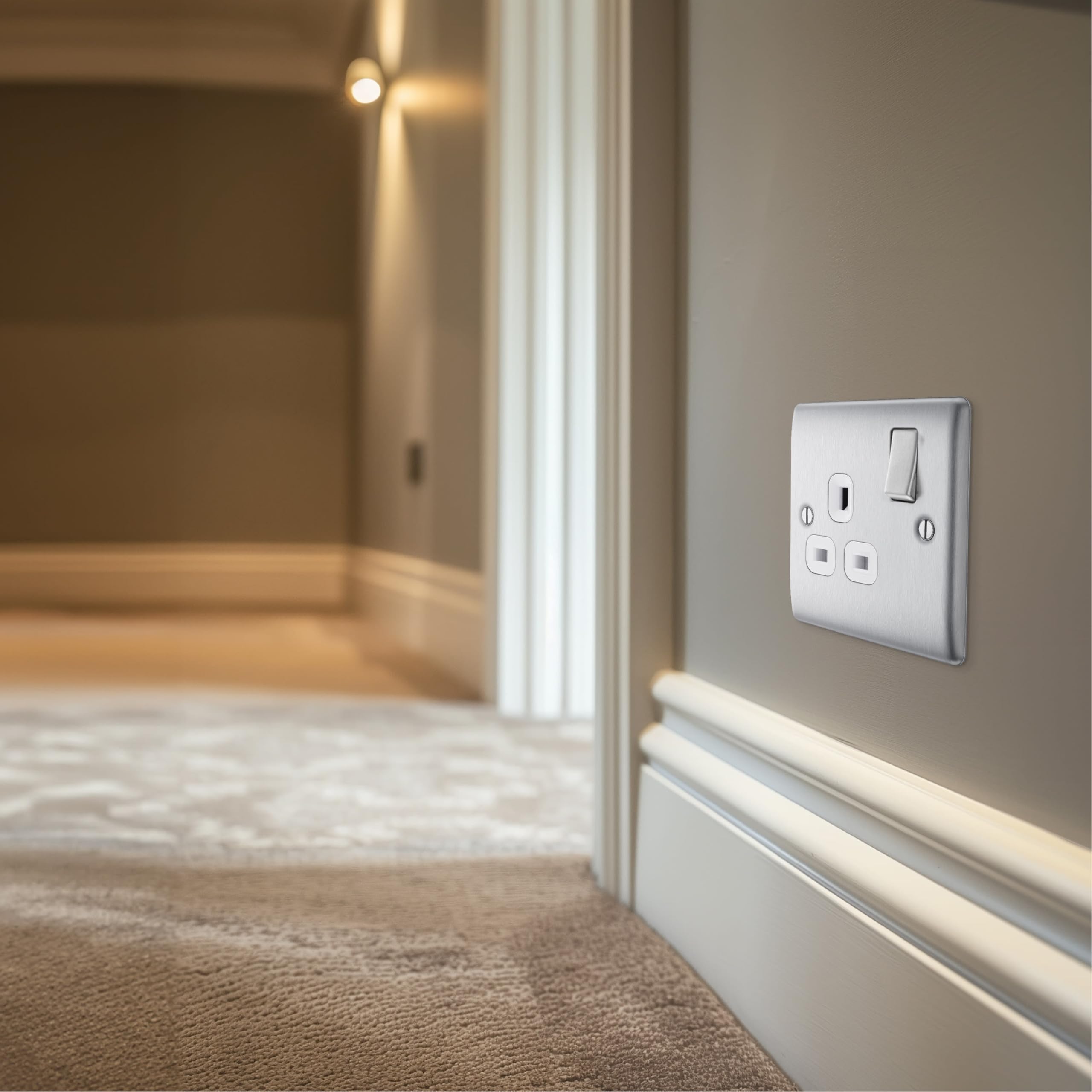 BG Electrical Single Switched Power Plug Wall Socket, Raised and Slim Profile, Round Edges, Nexus Metal, Brushed Steel, White Inserts, 13A, NBS21W