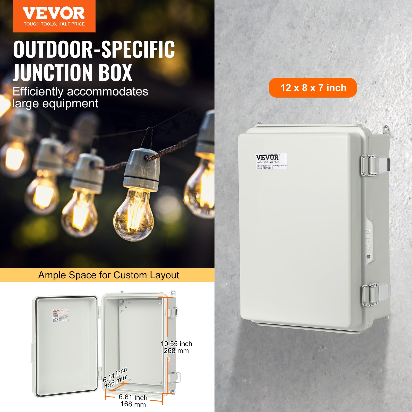 VEVOR Caja de Conexiones Eléctricas Cubierta con Bisagras para Caja Eléctrica de Plástico ABS de 300x200x180mm Pestillo de Acero Inoxidable Impermeable IP67 a Prueba de Polvo para Proyectos Eléctricos