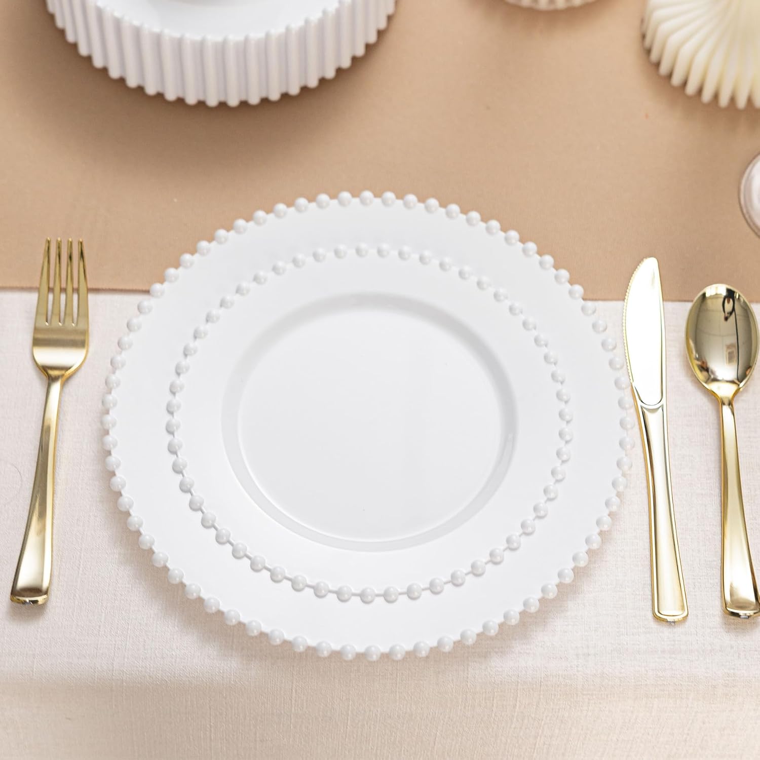 150PCS White Plastic Plate Dinnerware Set, 30 Guests Disposable Beaded Edge Plates, 30 Dinner and 30 Dessert Plates, 90 Silverware for Party, Wedding