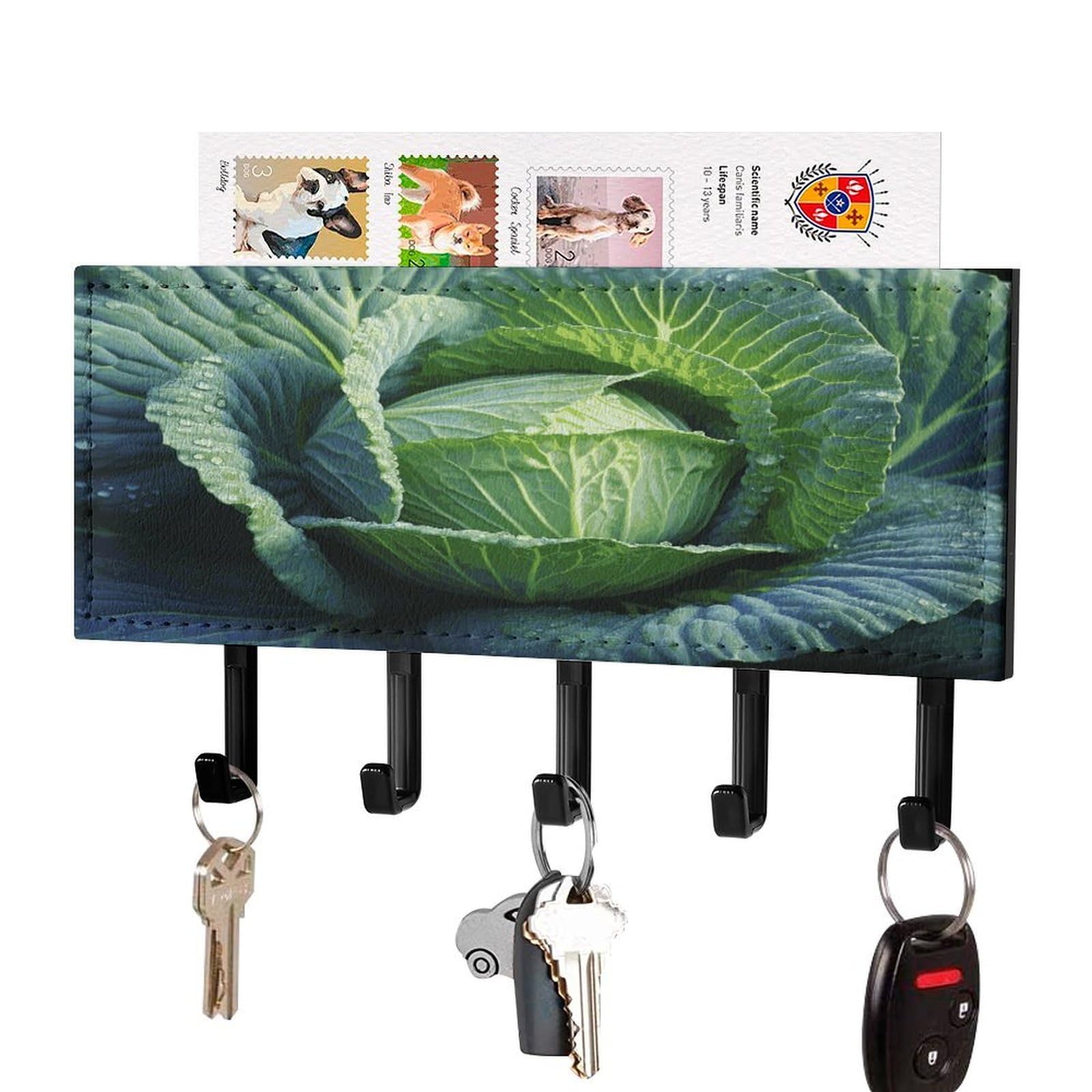 JTREHY Bright Cabbage Key Holder Wall Mount Decorative Key and Mail Holder PU Leather Adhesive Key Organizer Hanging Key Hooks Wall Shelf with 5 Hooks for Entryway Hallway Office