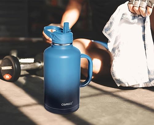 Miniatura 5 de CIVAGO Botella de agua aislada de 64 onzas con popote y asa, frasco de agua de acero inoxidable de medio galón, botella de agua deportiva grande de