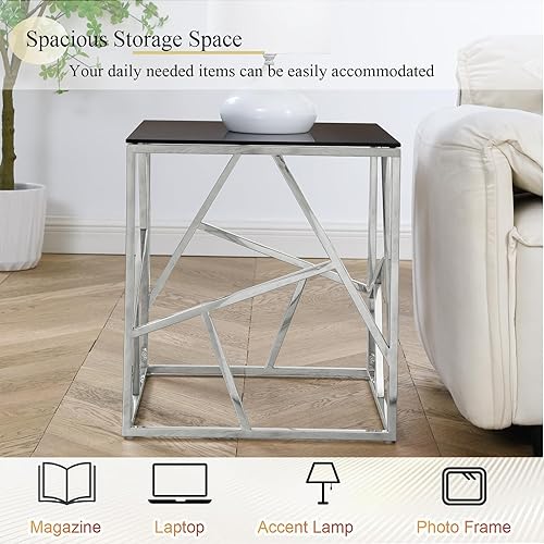 Miniatura 5 de WOKER FURNITURE Mesa auxiliar de cristal negro con marco geométrico de acero inoxidable plateado, mesa auxiliar moderna de 20 pulgadas con parte