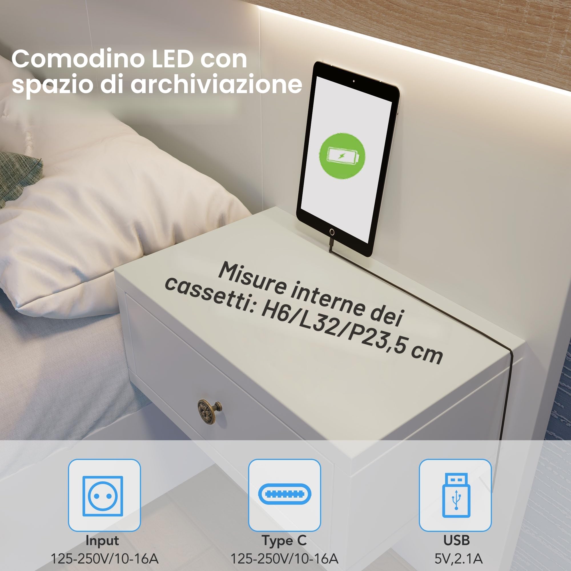 Set completo per camera da letto, 180 x 200 cm, letto matrimoniale con 2 cassetti, comodini, connettori USB/tipo C e comodini LED inclusi, letto in legno (rovere Sonoma+bianco (con comodino), 180 x
