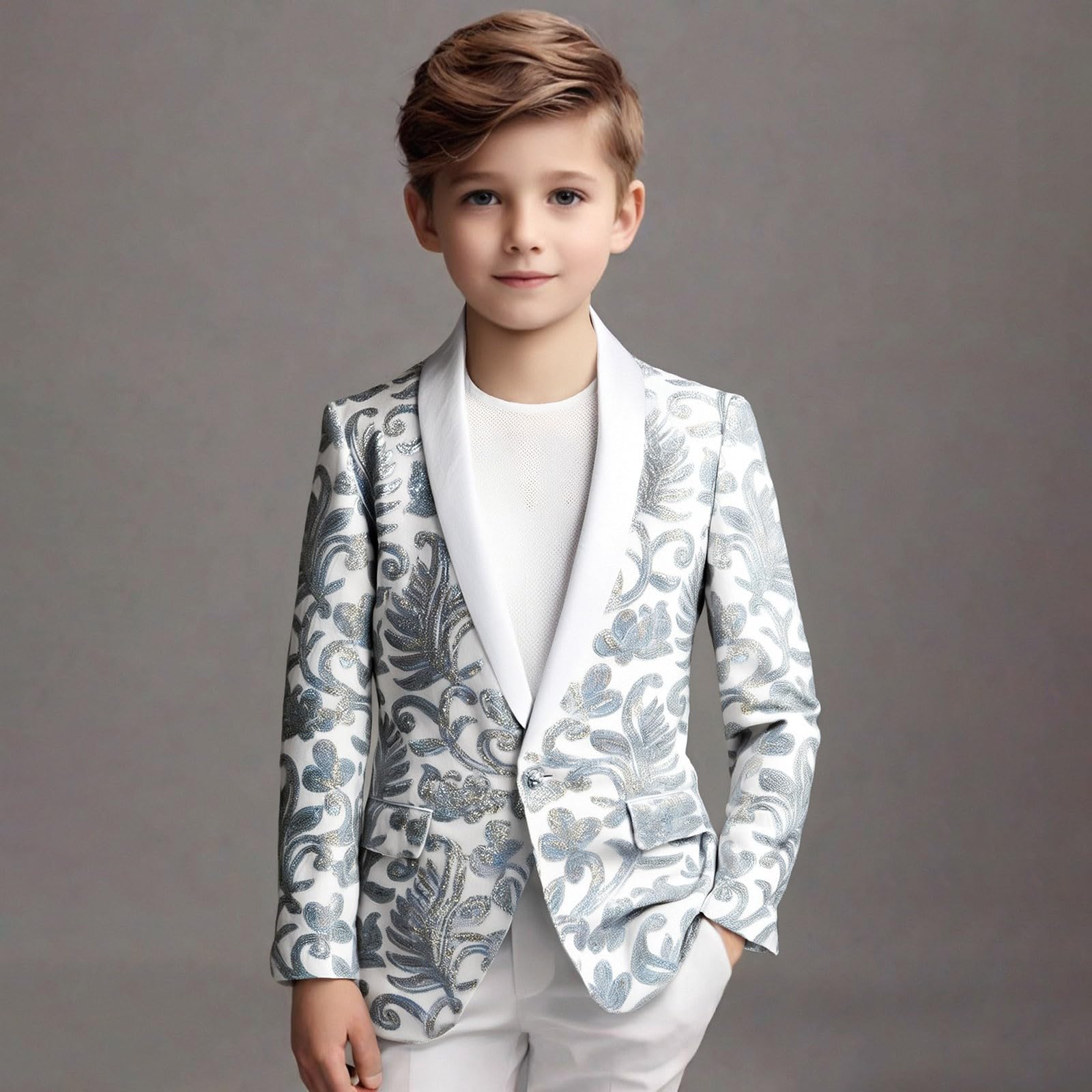 Veste de Costume Enfant Garçon Paillette, Veste d'honneur Mariage Cérémonie Soirée, Manteau Blouse Gentleman Smoking Blazer Brillant, Vêtement à Paillettes pour Carnaval Noël Enfant 4-16 Ans