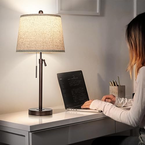 Miniatura 5 de Juego de 2 lámparas de mesita de noche, de 22 a 30 pulgadas de altura ajustable  Lámparas modernas regulables de 3 vías con pantalla de tela beige,