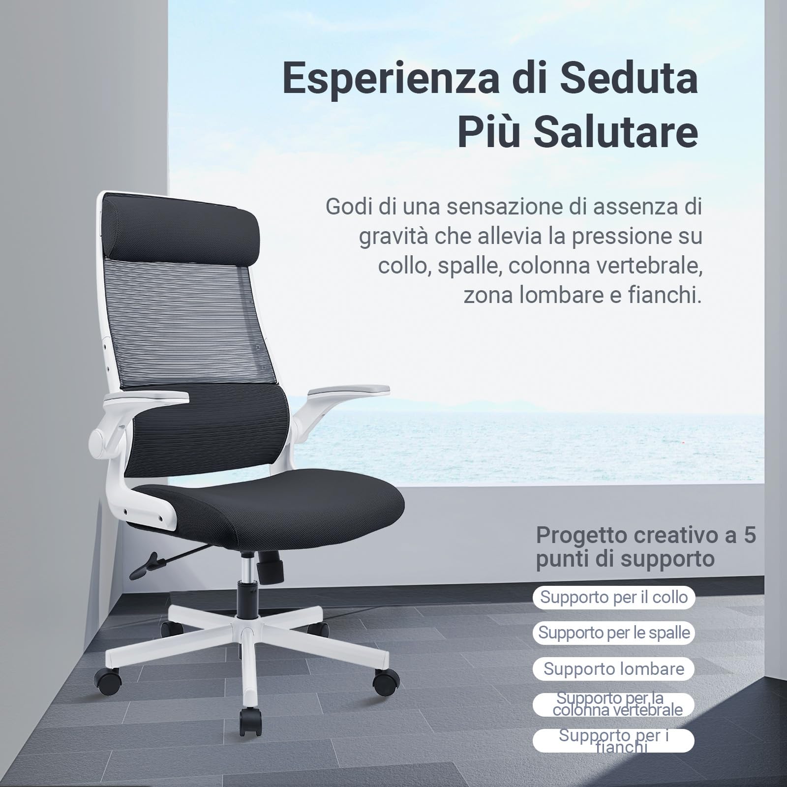 MELOKEA Sedia da Ufficio Ergonomica Direzionale in Rete Ultra Traspirante, Supporto Lombare Ortopedico a S EN1335, Poggiatesta Regolabile, Braccioli Ribaltabili, Sedia da Gioco, Grigio Bianco