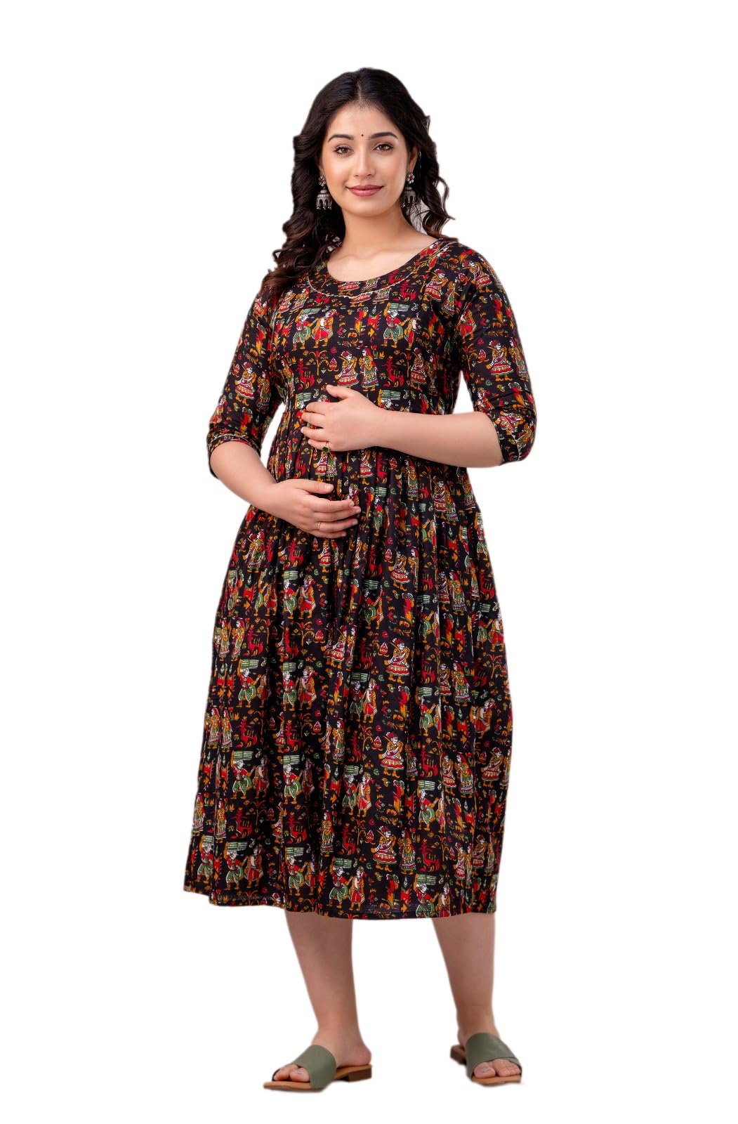 aavrittiqueens Women's Printed Maternity Feeding Dress with Zipper (Black,3XL)-picture-35