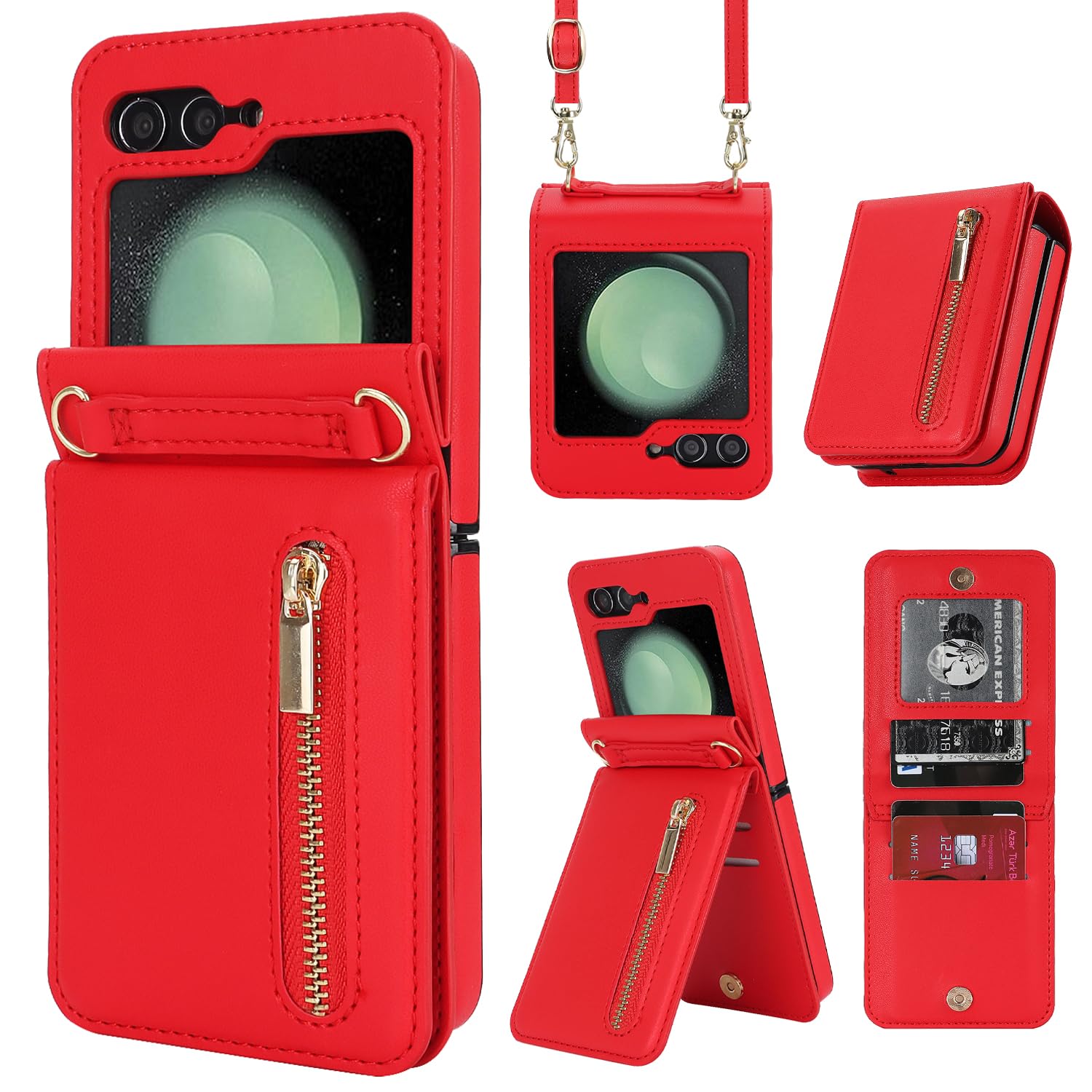 XIMAND for Samsung Galaxy Z Flip 6 Luxury Zipper Wallet Phone Case, Multi-Function Kickstand Card Holder Adjustable Crossbody Strap, Fashion Flip Case