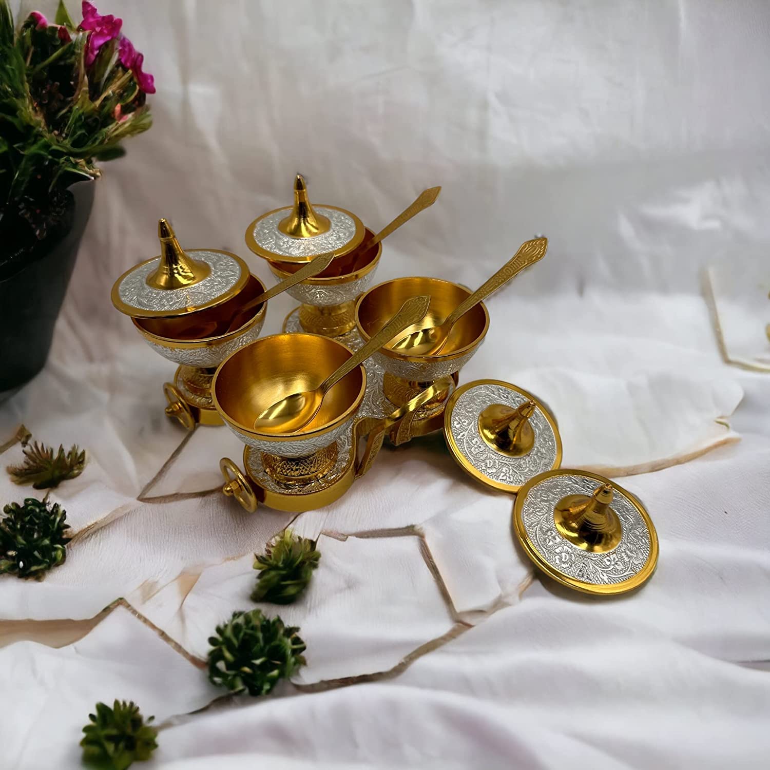 AC ANAND CRAFTS Table Trolley Set 4 Bowl Trolley l Size - 8" x 8" (Bowl - 3" Diameter) | Color Silver-Gold Plated Serving for Macaws, Nuts, Sweets 1