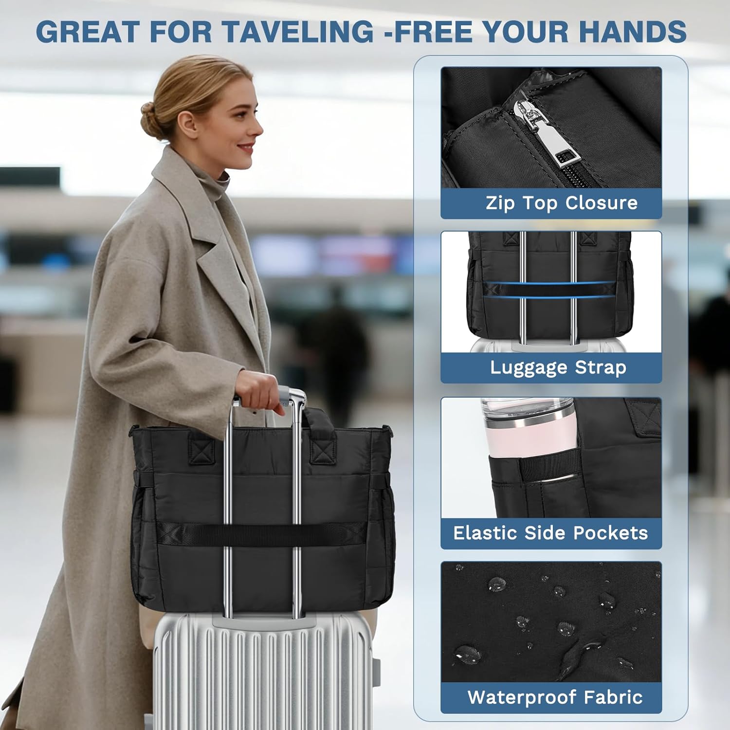 RAINSMORE Tote Bag for Women with Cup Holder, Puffer Work Bag, 15.6 inch Quilted Laptop Handbag for Work, Travel, Teacher - Image 6