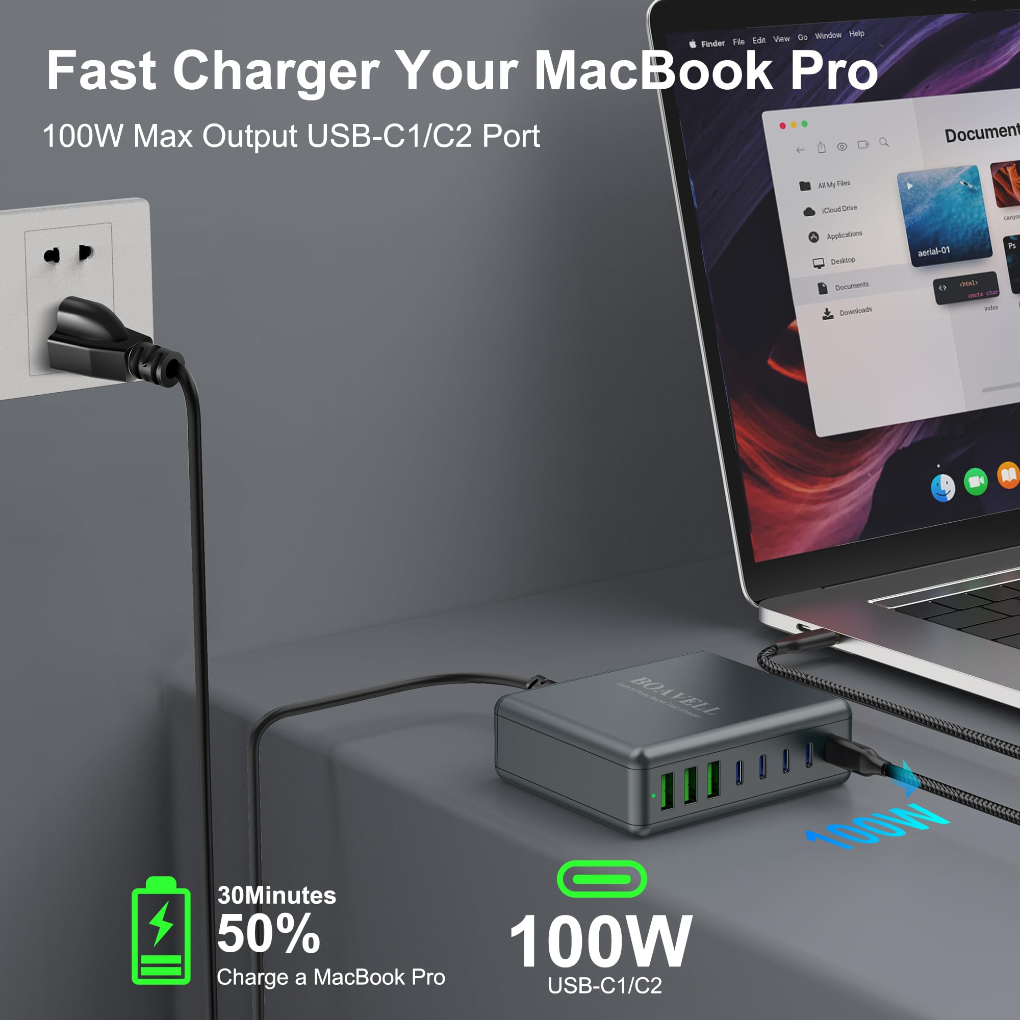 Cargador USB C, 8 puertos GaN 325W USB C bloque de cargador con cable de cargador USB C de 5 pies y 100 W, cargador de pared USB C de carga rápida para iPhone 16 15 14, MacBook, iPad, Galaxy y más