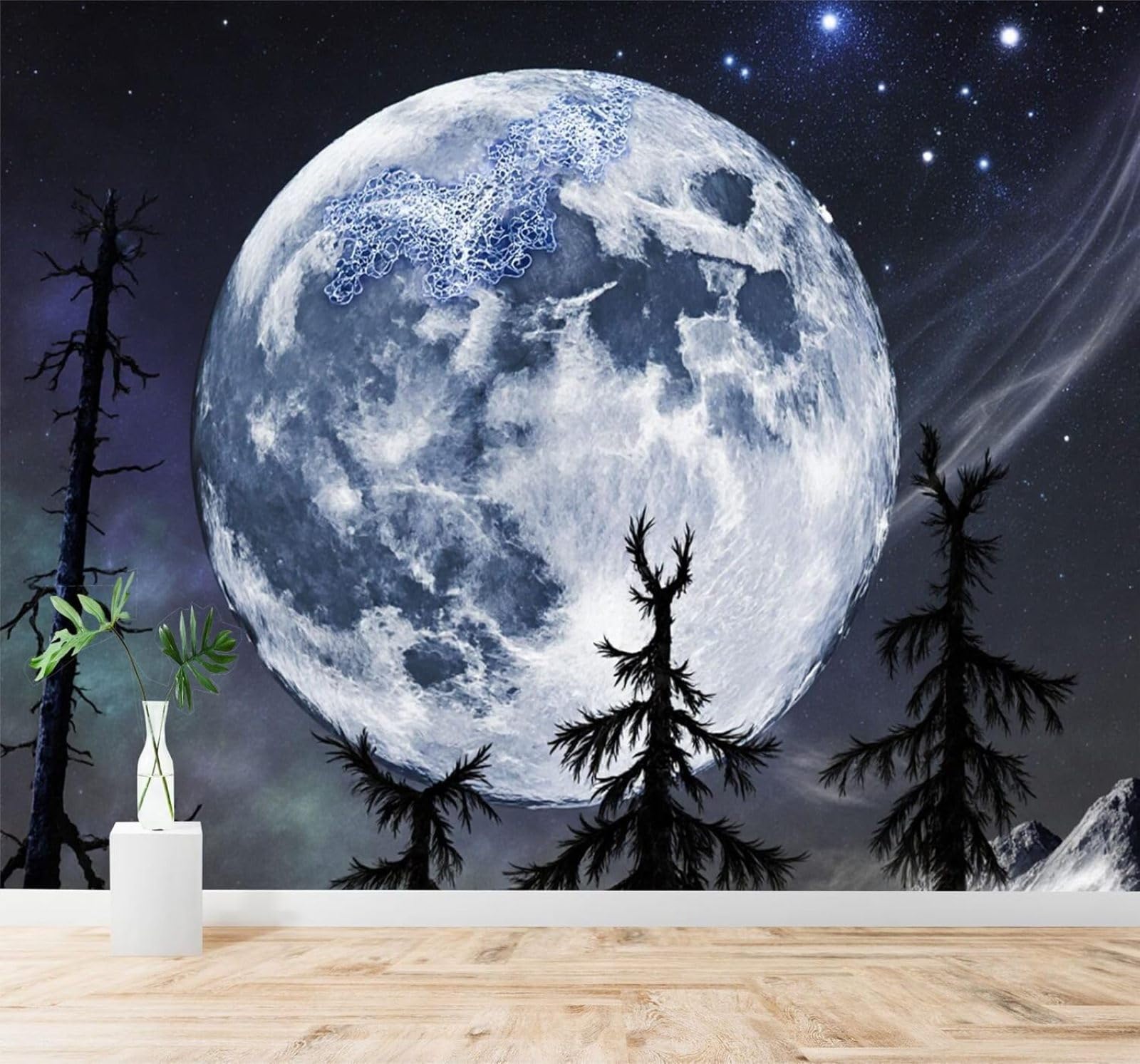 XLMING Full Moon Dark Forest Starry Sky Misty Clouds Landscape 3D Wallpaper Premium Textured Silk Study Dining Living Room Bedroom Sofa TV Wall Easy Install-430cm×300cm