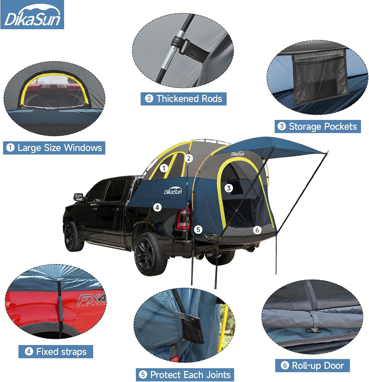 Truck Bed Tent, Double Layer Truck Tent 6.4-6.7 Ft, Waterproof PU3000mm Tear-Resistant Pickup Tent for 2 Person Camping and Outdoor with Awning（Cyan）