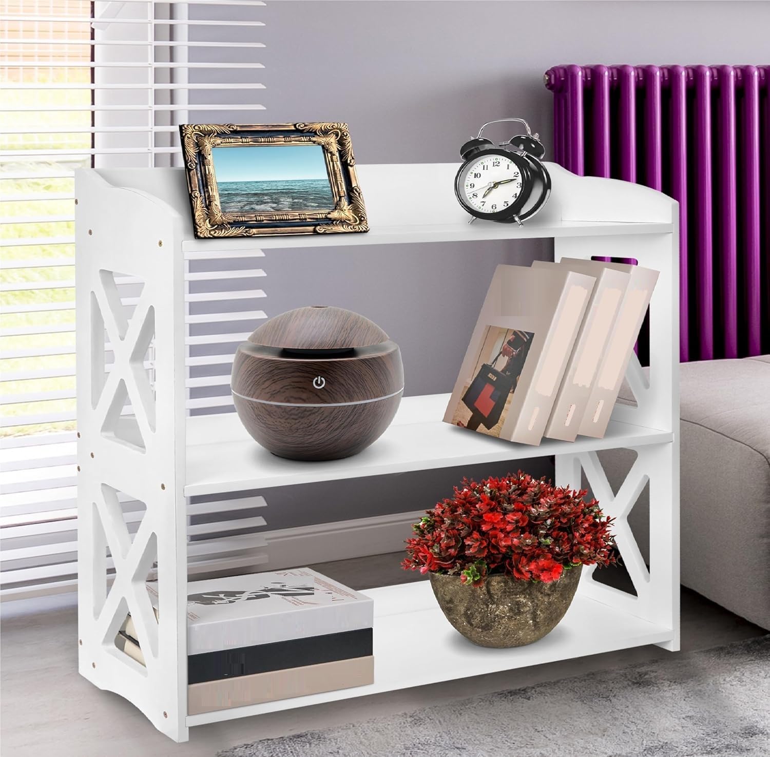 YCICI White Bookcase by Natural Wood, 4 Tier Bookshelf, Small Book Shelves Freestanding Display Storage Shelves. Open Bookshelf for Bedroom, Living