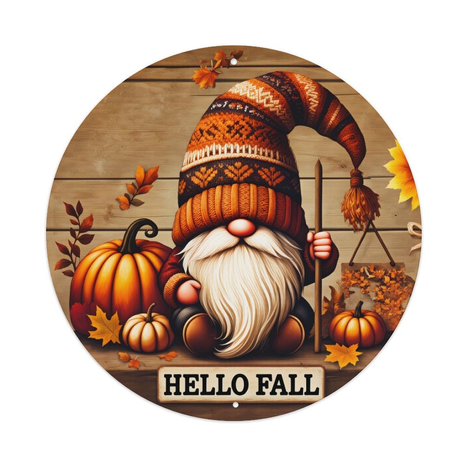 Autumn Gnome Pumpkin Leaves Hat Round Tin Sign Vintage Metal Poster, Home Bar Garage Man Cave Cafe Indoor & Outdoor Wall Decoration 8x8Inches