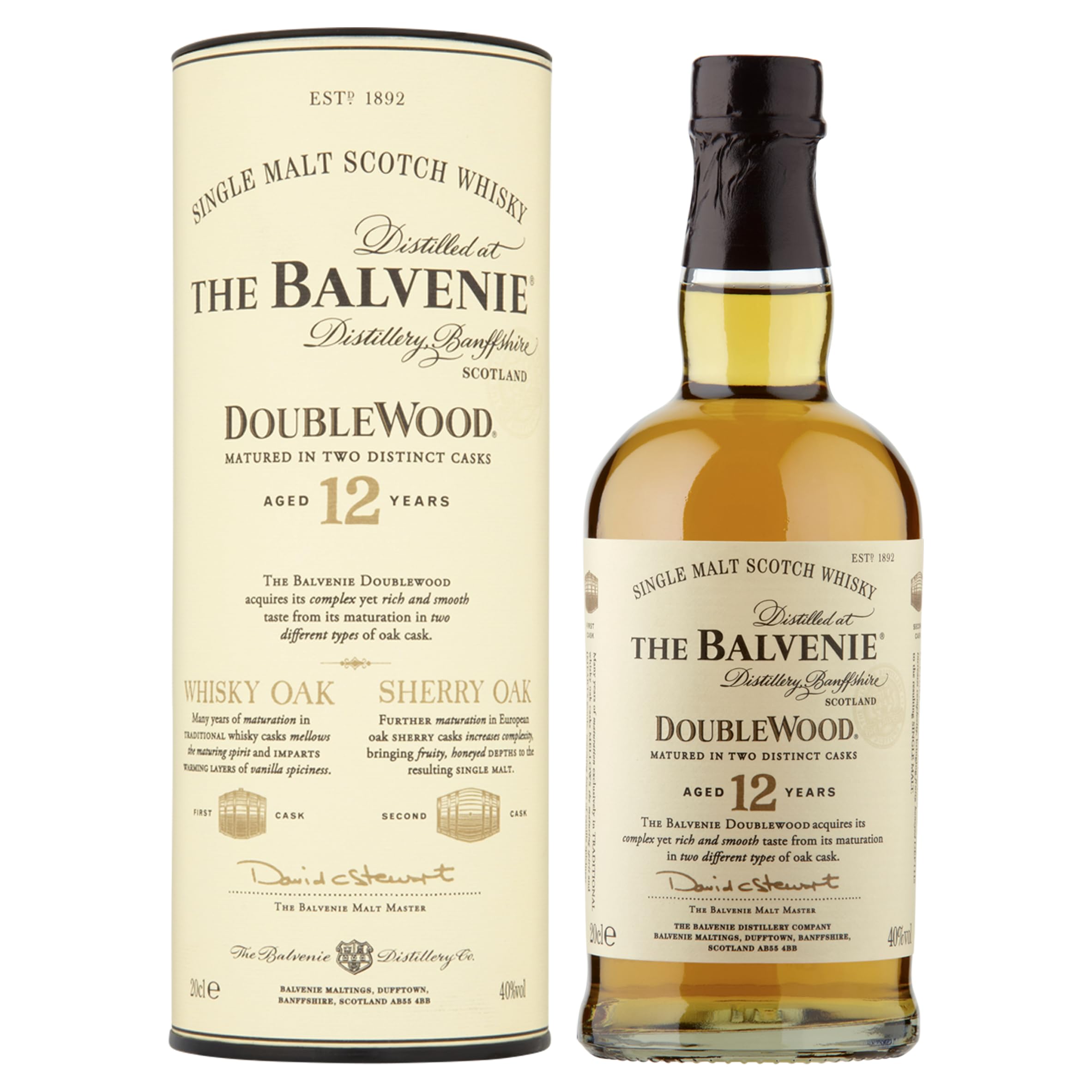 The BalvenieDoubleWood 12 Year Old Single Malt Scotch Whisky - Matured In Two Distinctive Oak Cask - Complex, Yet Rich & Smooth - Vanilla Spiciness & Honeyed Depth - Award-Winning - 40% ABV - 70 cl